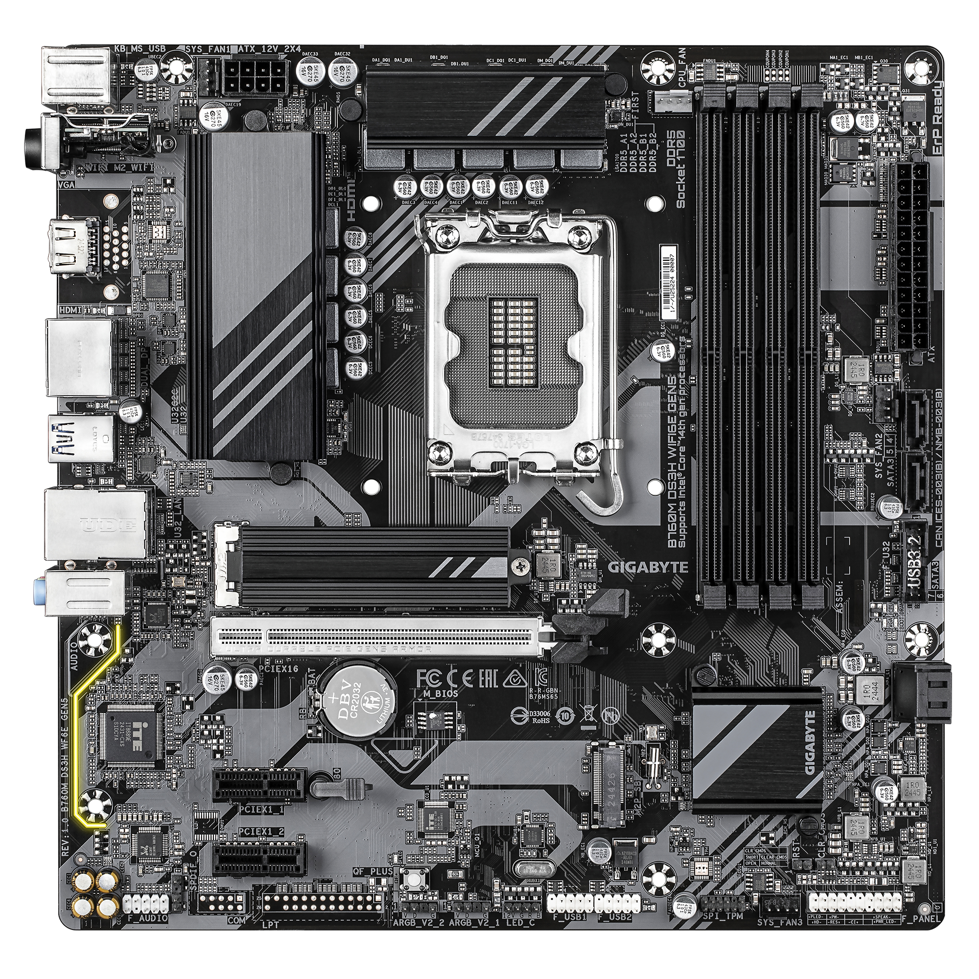 Une carte mère d'ordinateur noire et grise. Les composants clés incluent le socket CPU, les emplacements RAM et divers ports.