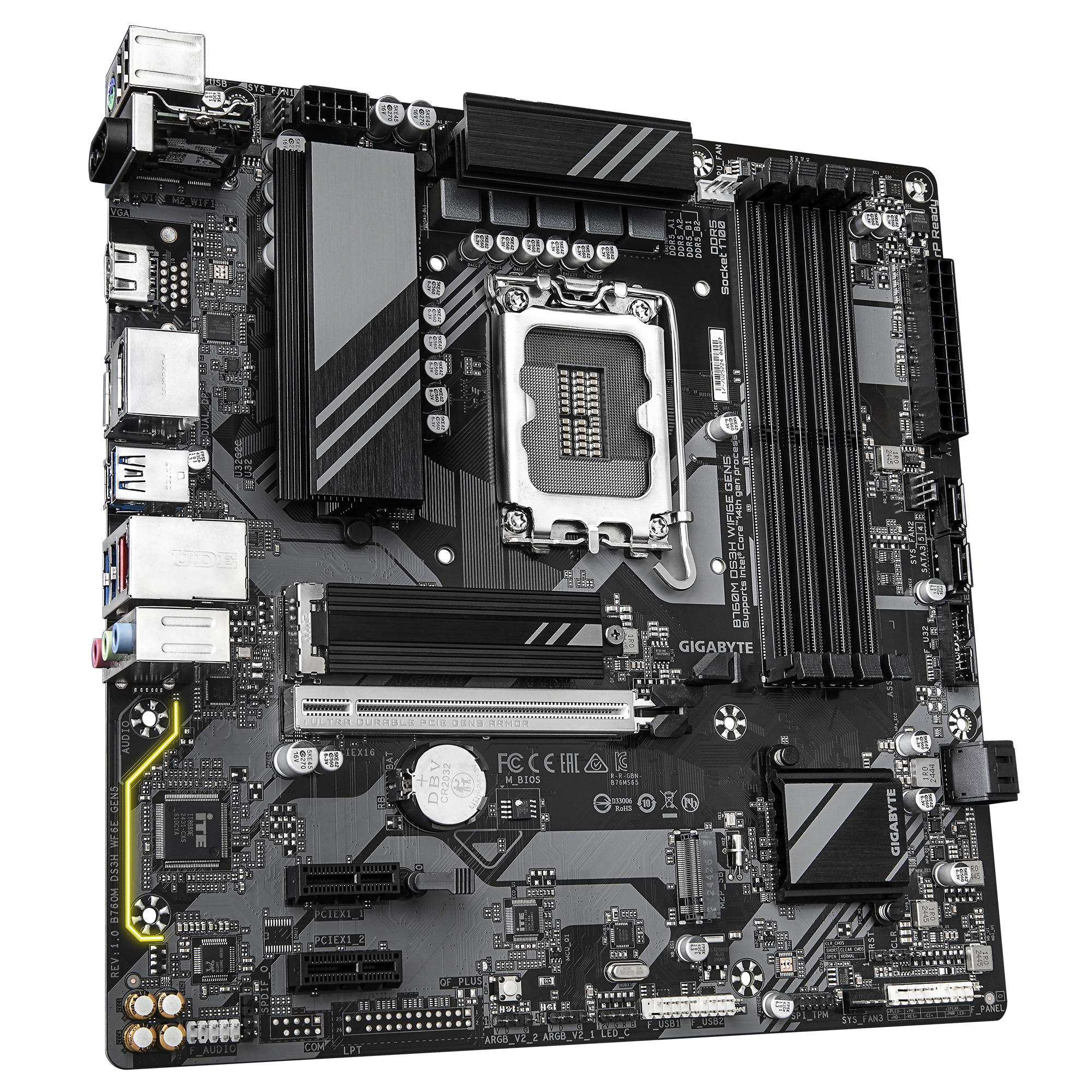 Une carte mère noire avec divers composants, dont un socket CPU, des slots RAM et plusieurs ports.