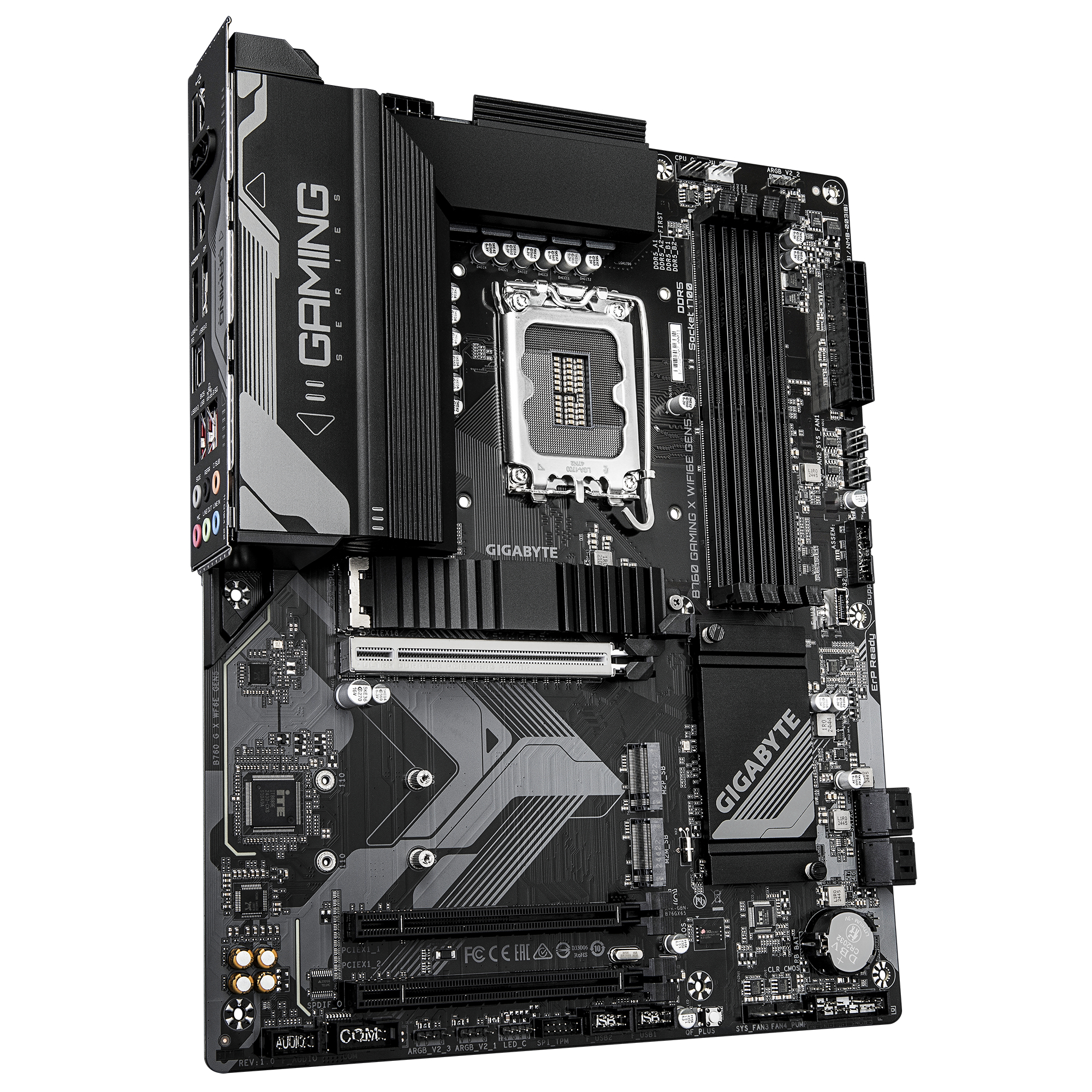 Czarna i szara płyta główna Gigabyte B760 Gaming X, z różnymi portami, gniazdami i gniazdem LGA 1700.