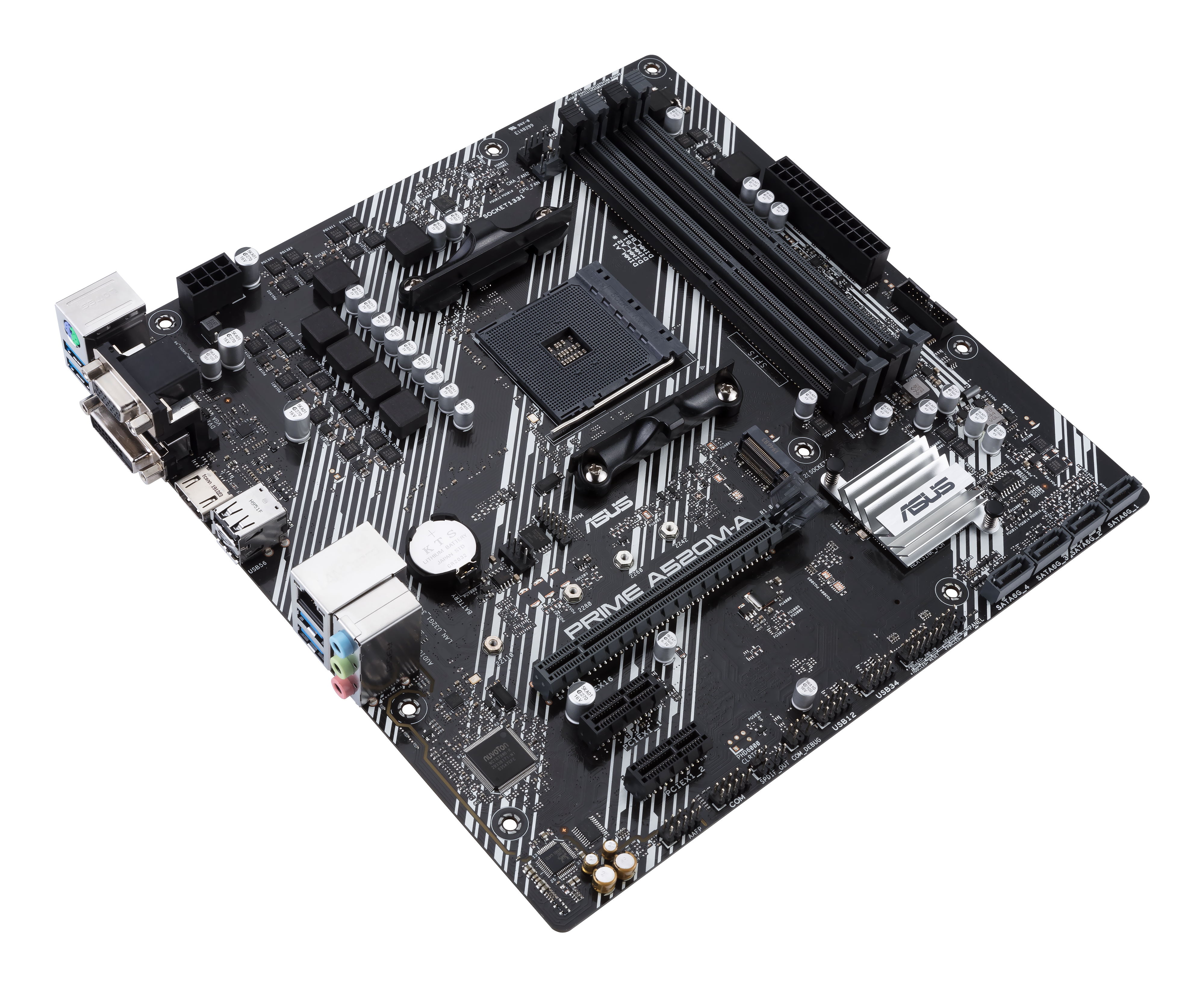 Une carte mère ASUS Prime A520M-A noire et argentée. Elle comporte divers emplacements, ports et puces.