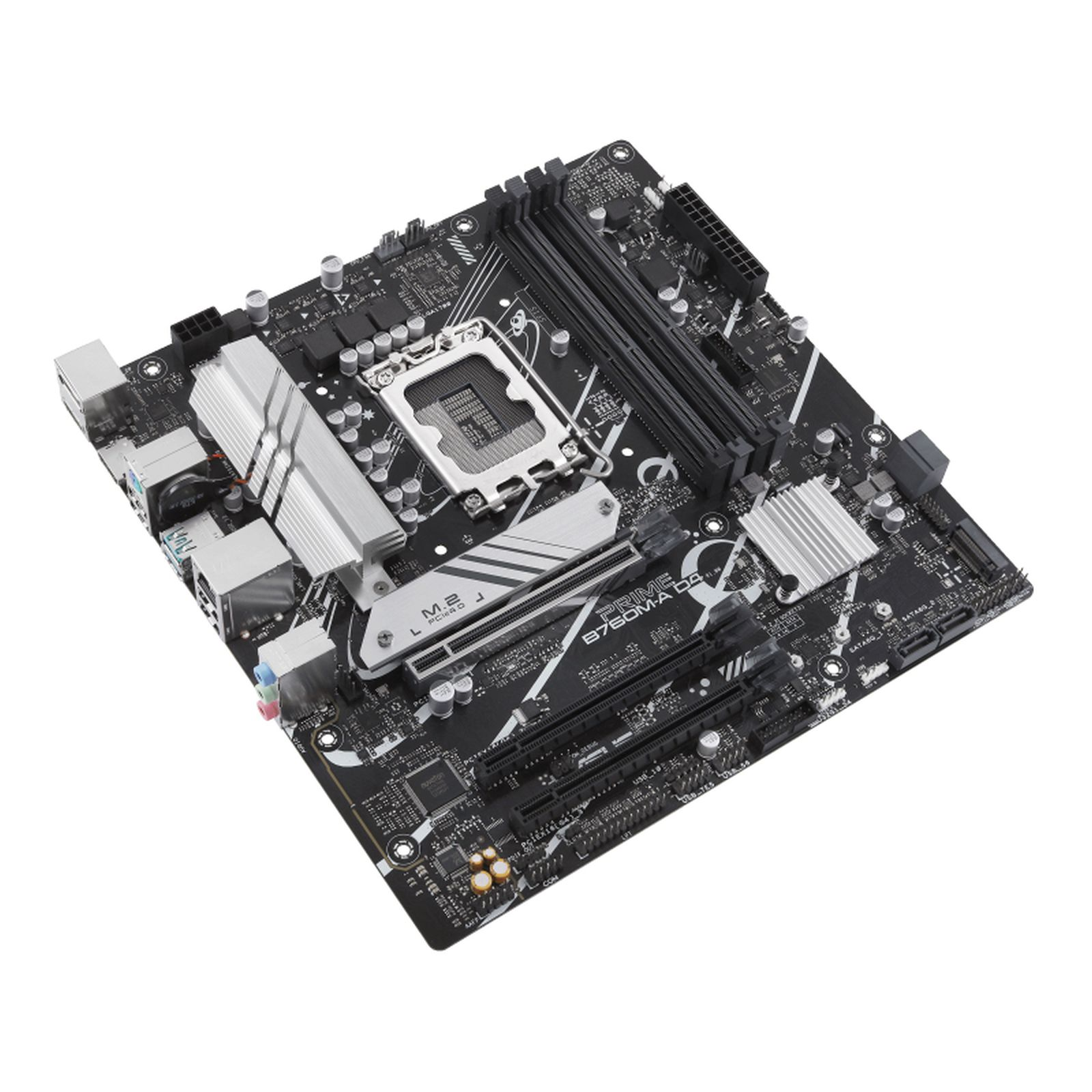 Black and silver computer motherboard with various components, including slots, connectors, and a central processor socket.