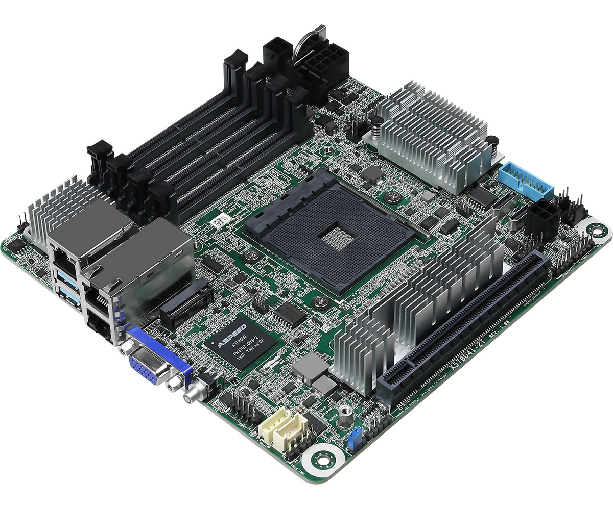 Un circuito stampato verde con vari componenti: un socket CPU, slot RAM, dissipatori di calore e connettori. È una scheda madre di computer.