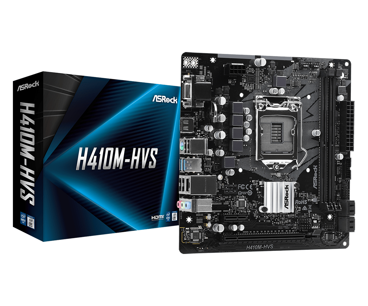 Una scheda madre H410M-HVS nera e la sua scatola su sfondo bianco. La scatola ha un design blu e nero.