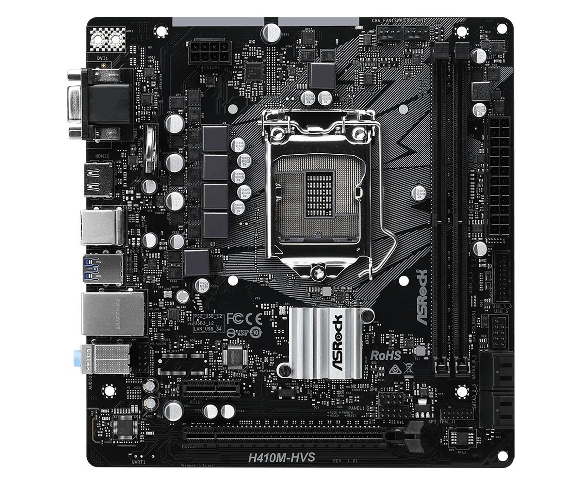 Scheda madre ASRock H410M-HVS nera con vari componenti, porte e connettori. La scheda è su una superficie bianca.