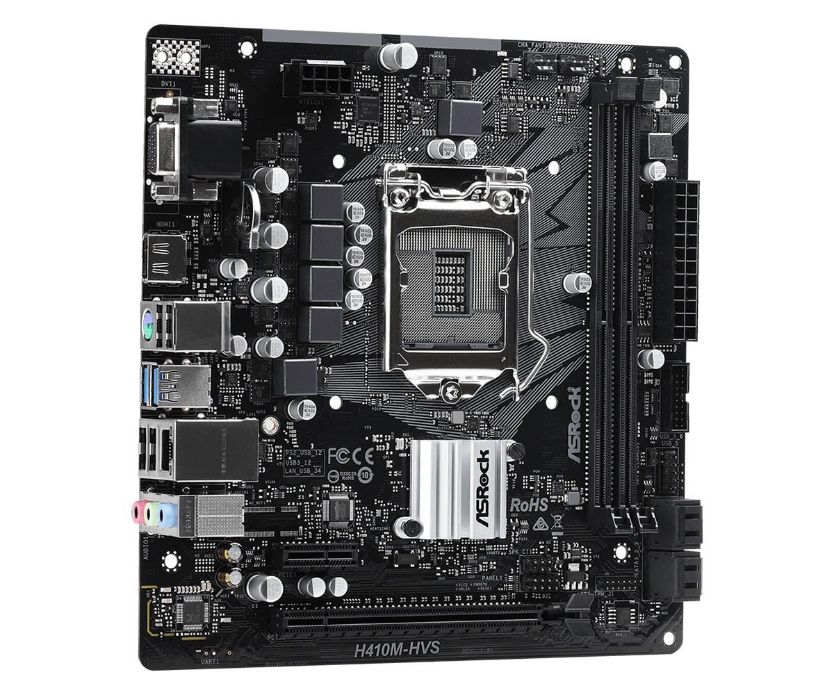 Scheda madre per computer nera con varie porte, socket e circuiti integrati. Il marchio ASRock è visibile.