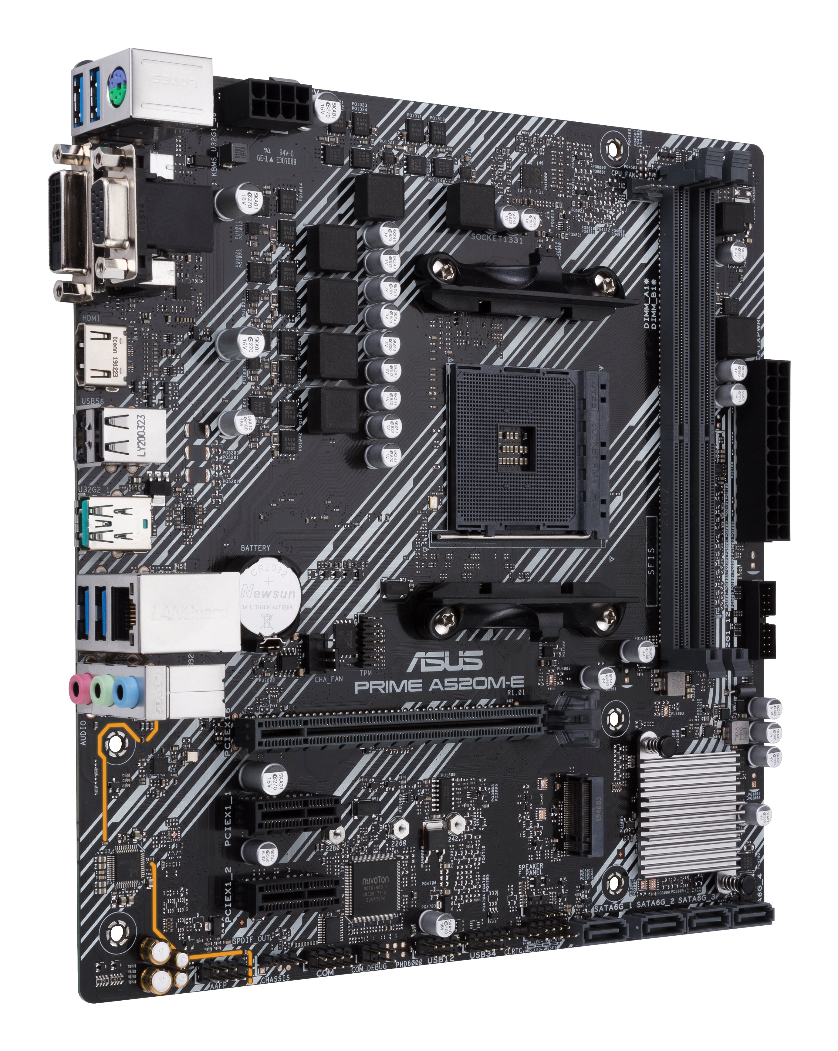 Scheda madre ASUS Prime A520M-E nera. Componenti: porte, slot e socket CPU su circuito stampato.