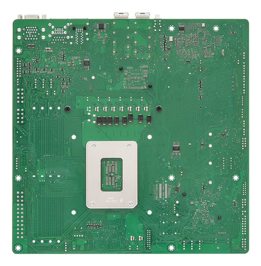 Scheda circuito verde con componenti elettronici, chip, connettori e un quadrato metallico centrale.