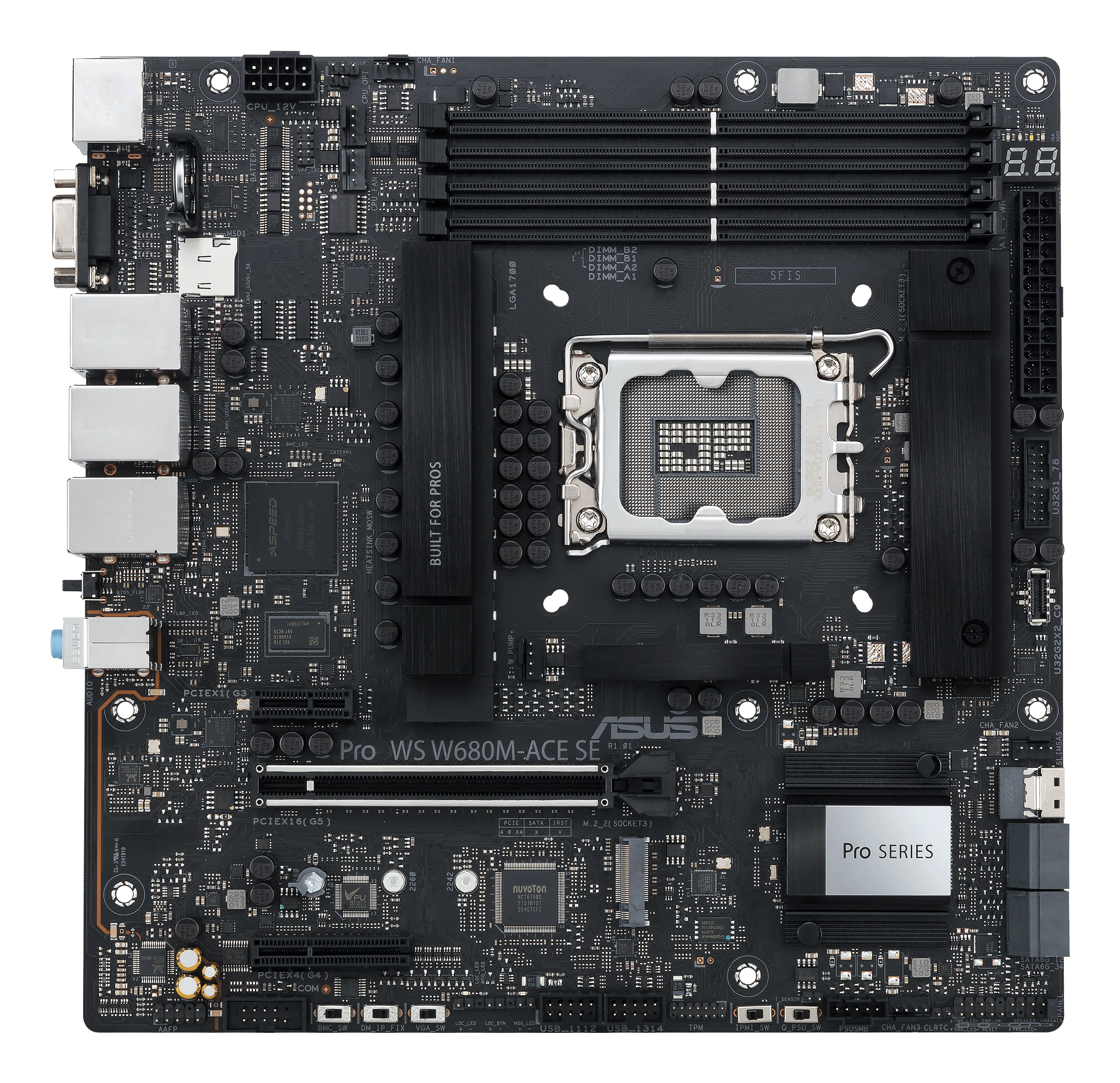 Scheda madre di computer nera con numerosi componenti, slot e socket del processore centrale.