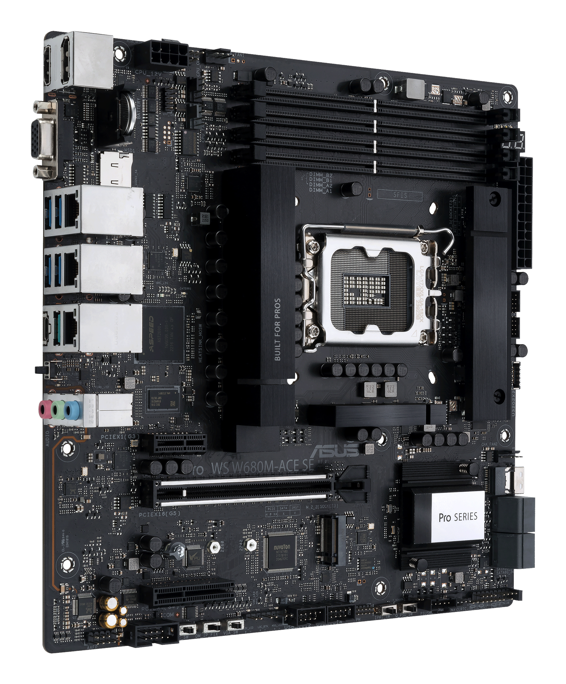 Scheda madre per computer nera con componenti. Testo: Pro Series, Built for Pros. Zoccoli, porte e chip visibili.