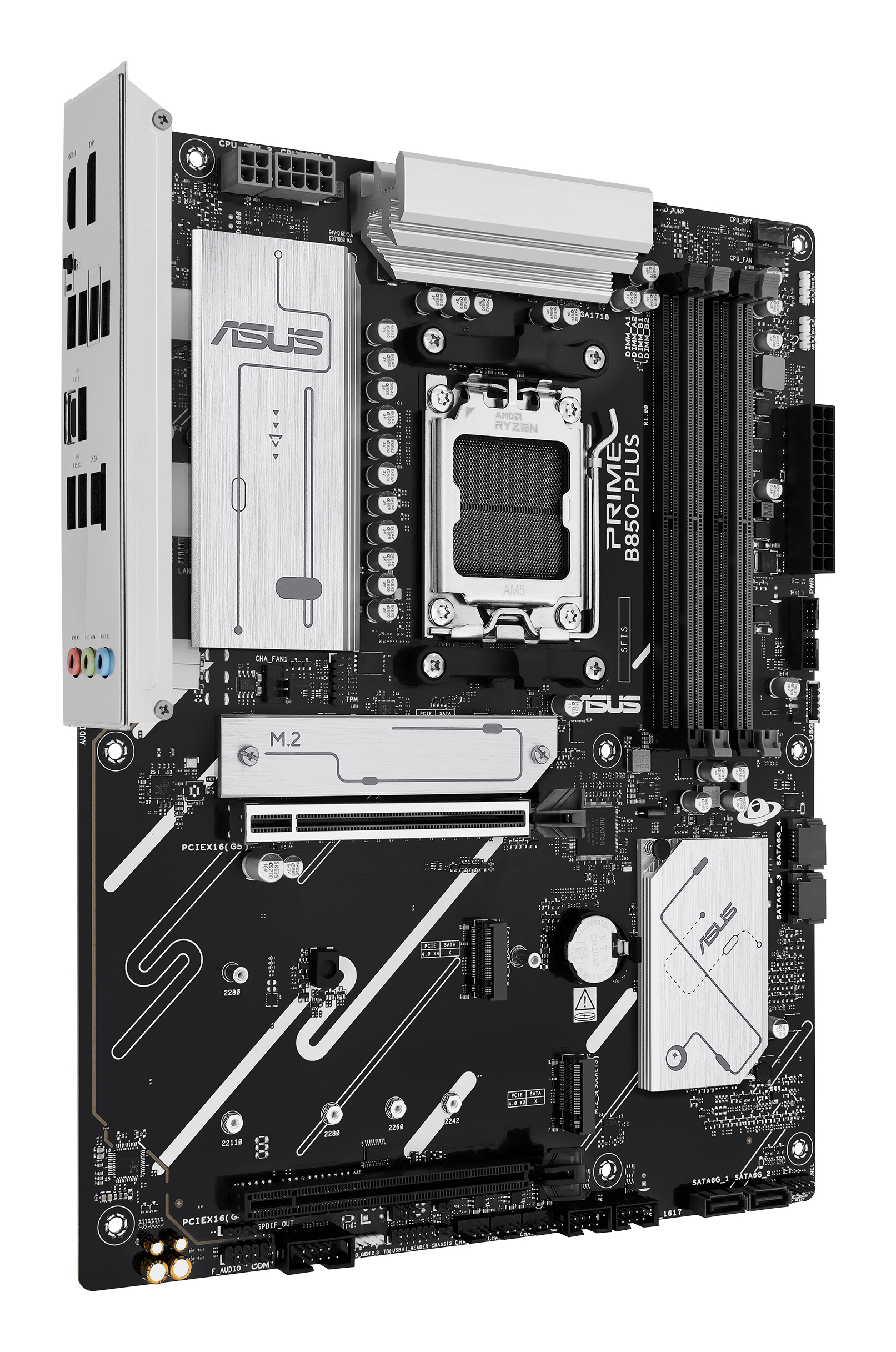 Una scheda madre ASUS Prime B850-PLUS nera, con dissipatori argentati, varie porte e il logo AMD Ryzen.