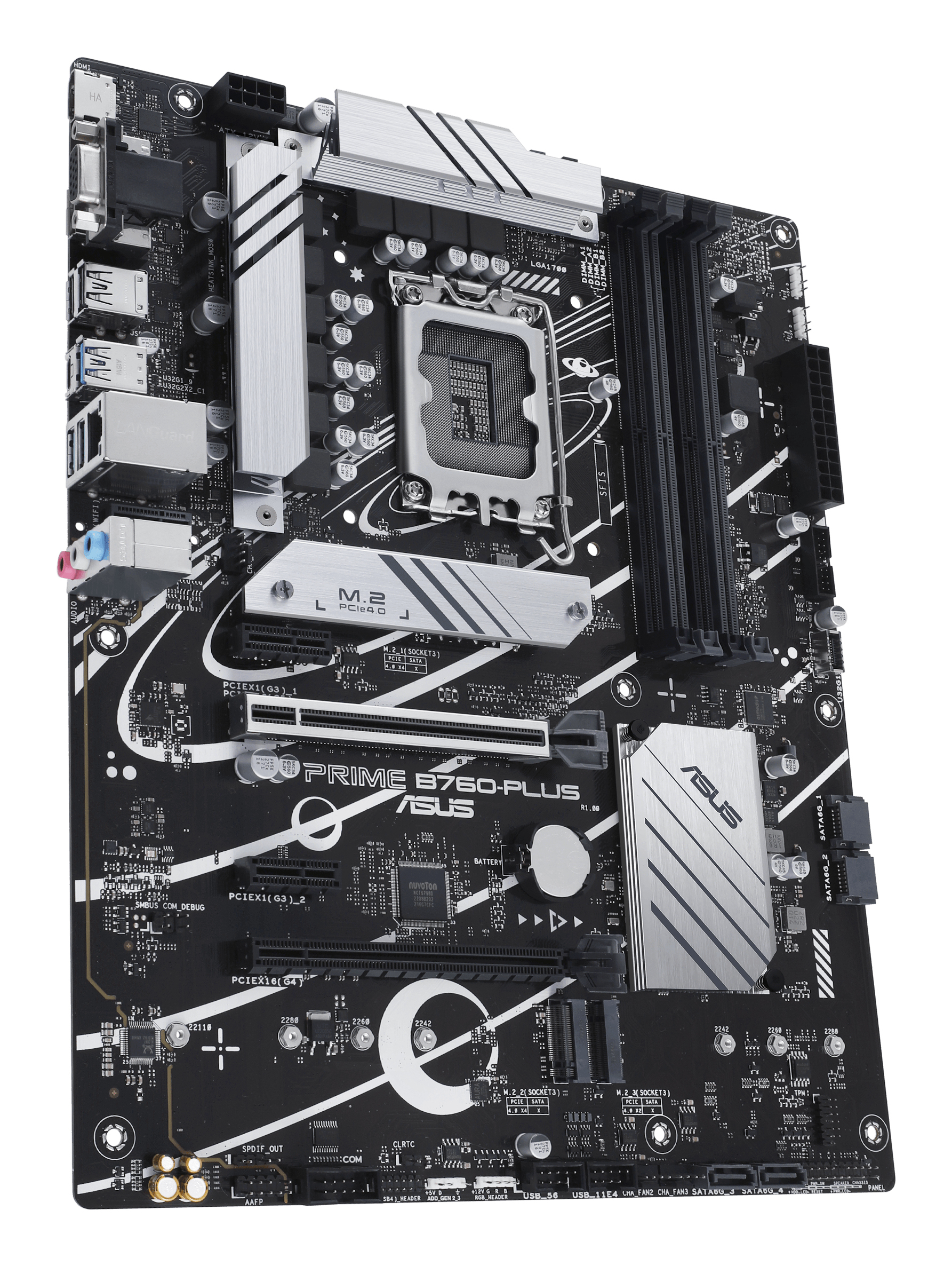 Scheda madre ASUS Prime B760-PLUS nera con dissipatori di calore argentati, varie porte e slot.