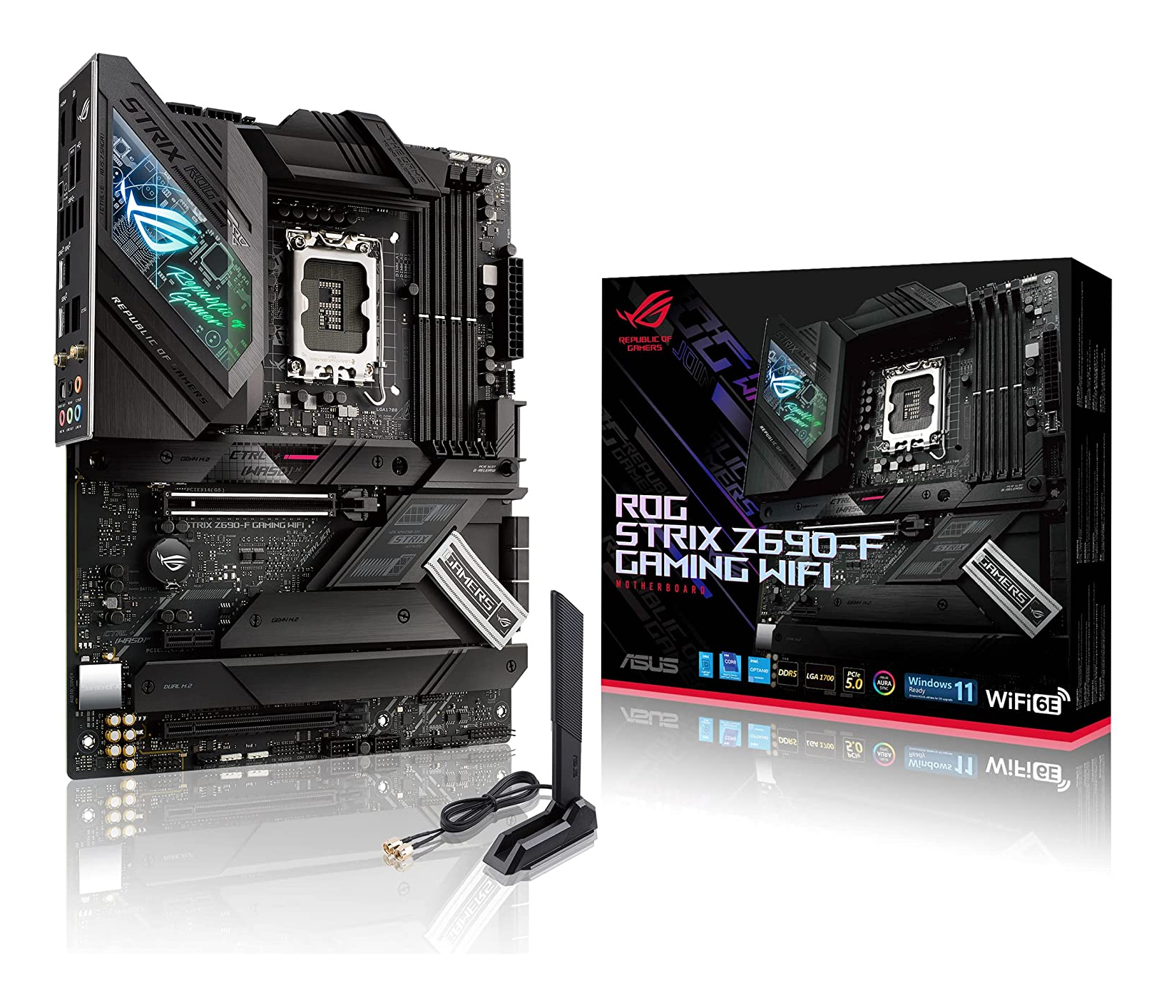 Una placa base ASUS ROG Strix Z690-F Gaming WiFi negra y gris con su caja y antena, mostrada sobre una superficie blanca.