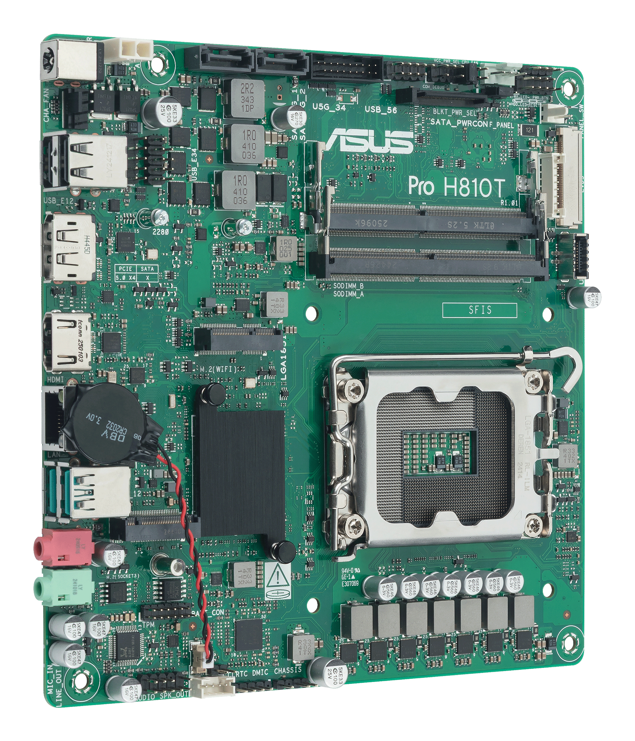Una scheda madre verde per computer con vari componenti elettronici, tra cui chip, porte e slot.