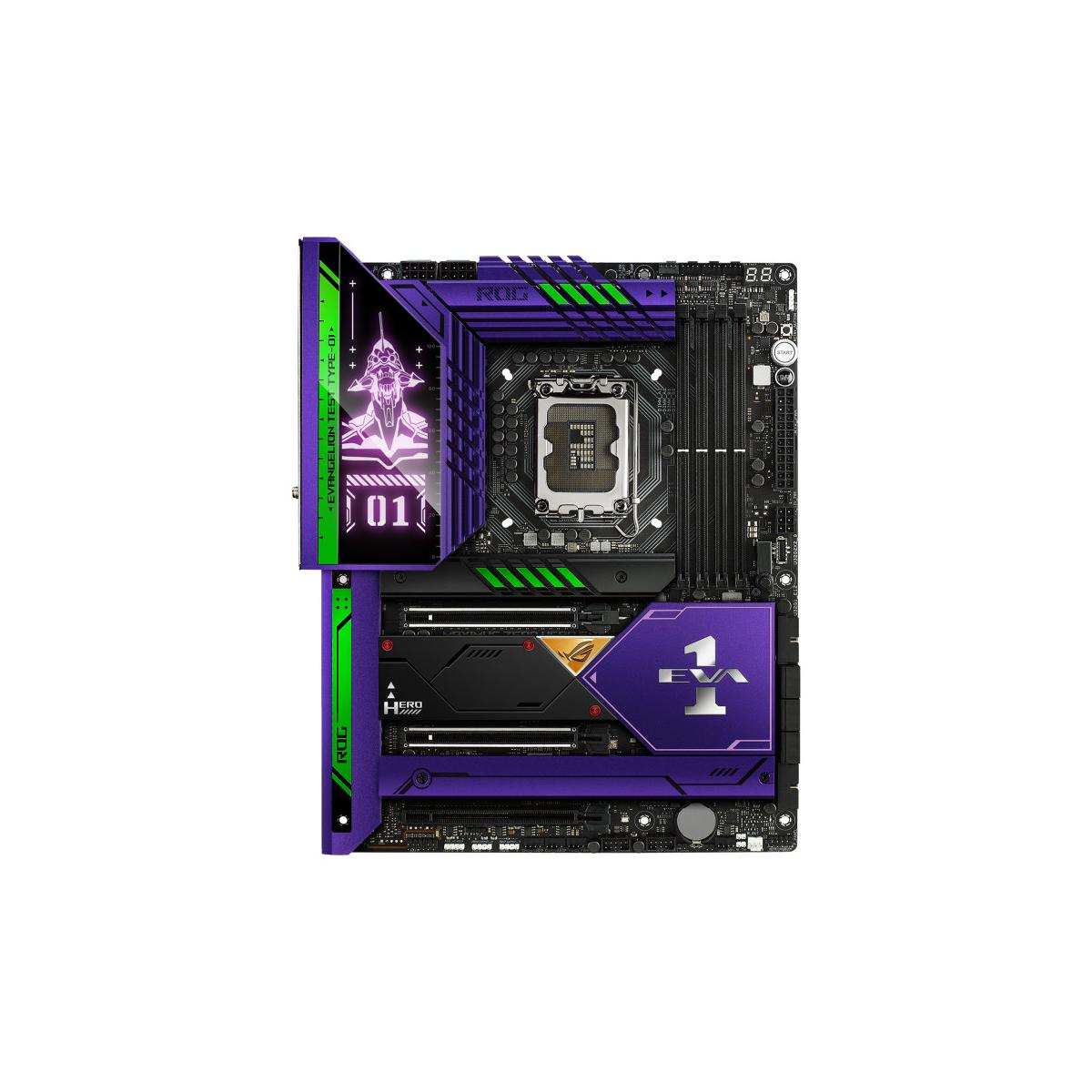 Una scheda madre viola e verde a tema Evangelion. Include socket CPU, slot RAM e varie porte.