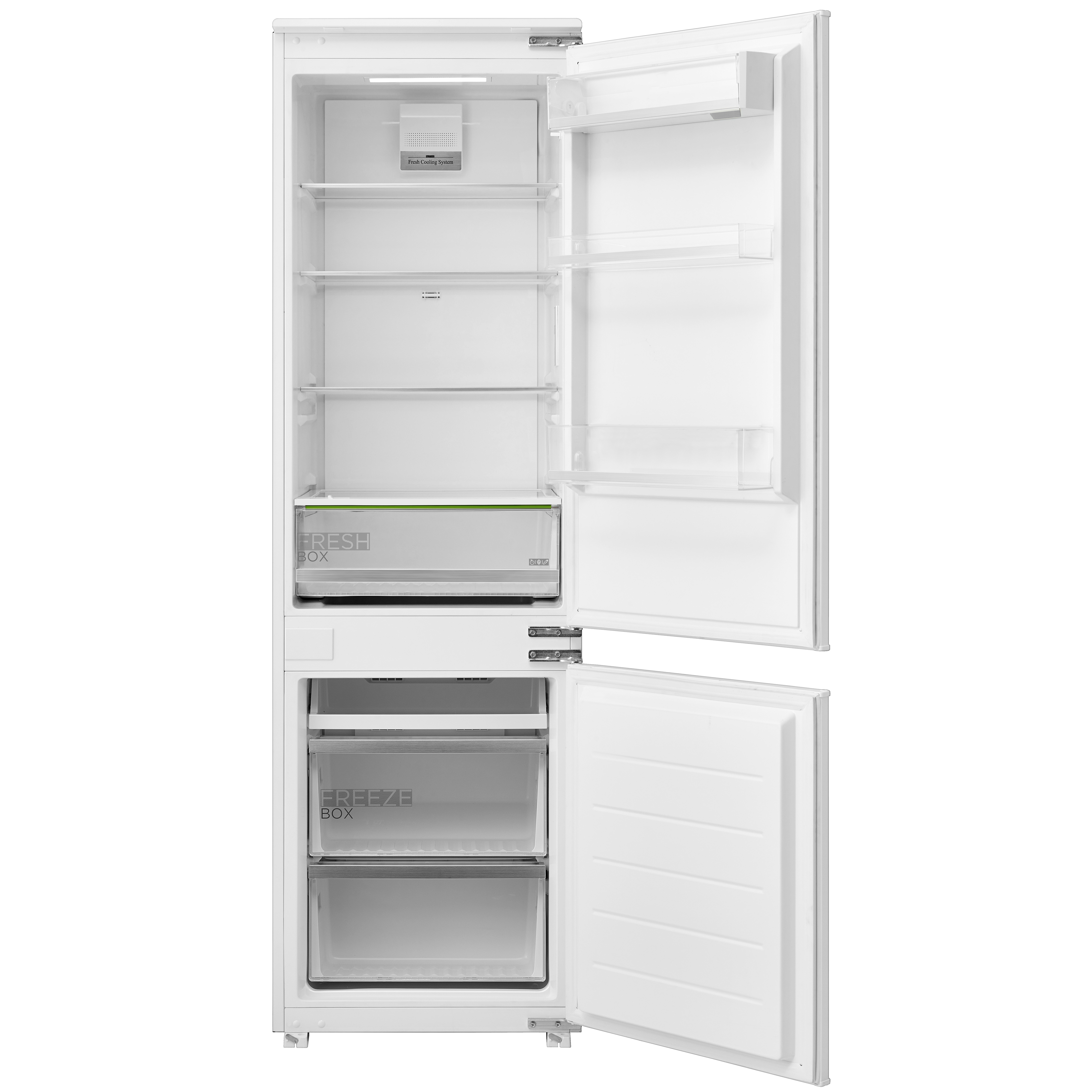 Un refrigerador blanco con dos puertas abiertas. Tiene estantes y cajones con las etiquetas 'Fresh Box' y 'Freeze Box'.