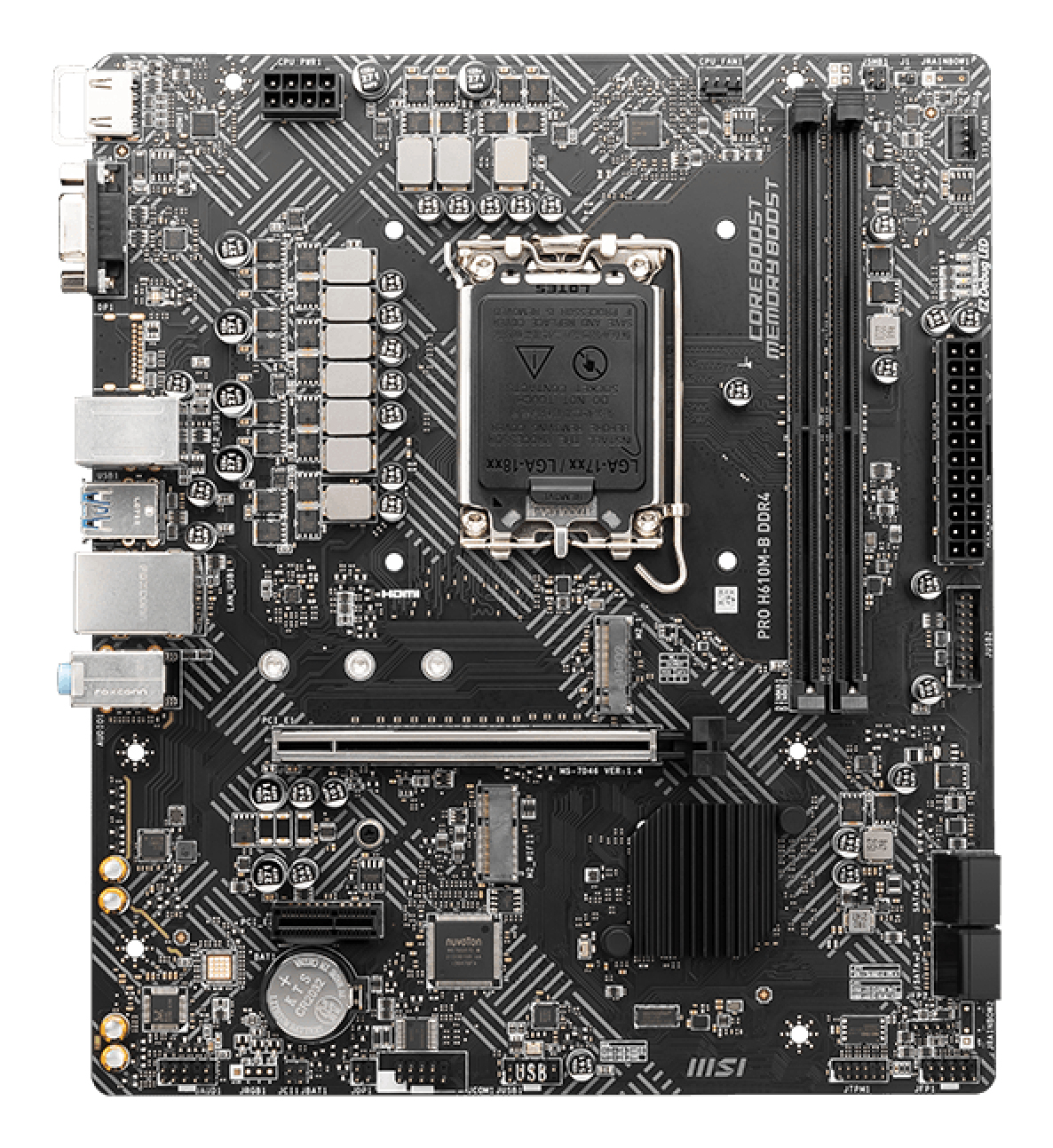 Una scheda madre nera MSI PRO H610M-B DDR4 con varie porte, chip e slot. I componenti sono etichettati, tra cui CPU, RAM e porte USB.