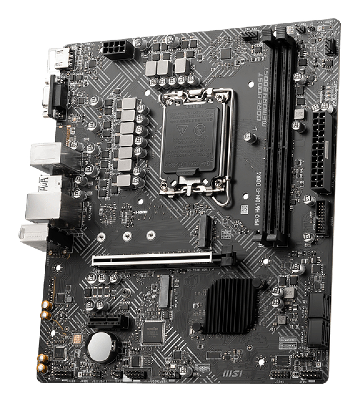 Una scheda madre grigia MSI PRO H610M-B DDR4. I componenti includono slot, porte, un socket CPU e un dissipatore di calore. Lo sfondo è bianco.