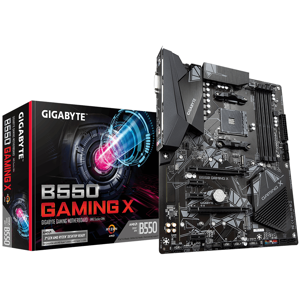 Ein Gigabyte B550 Gaming X Motherboard und seine Box liegen auf einer weißen Oberfläche. Die Box zeigt den Namen, das Logo und die Funktionen.