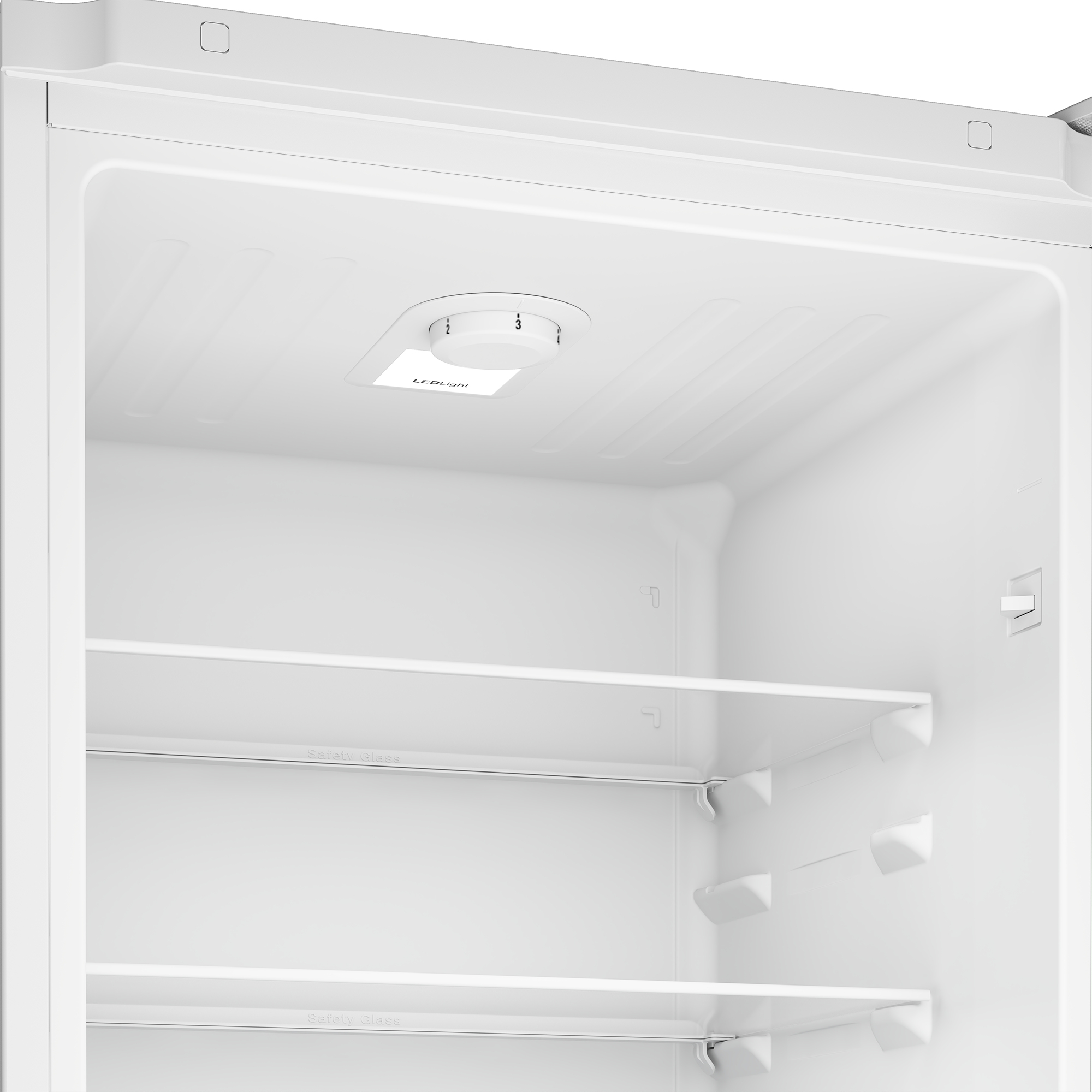Interno di un frigorifero bianco. Dispone di ripiani, una manopola di controllo della luce e una luce LED. Pulito, luminoso e vuoto.
