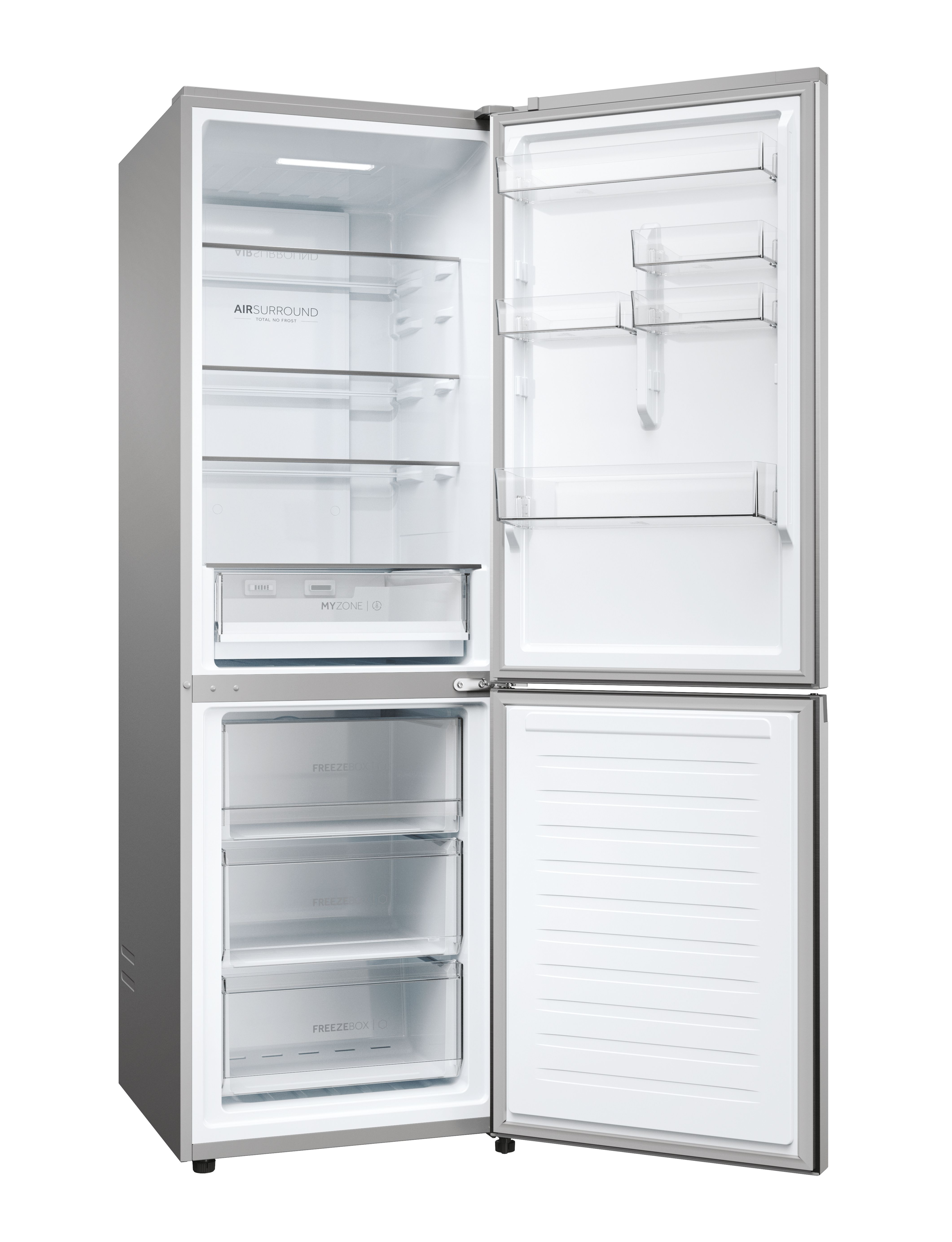 Un frigorifero argentato con la porta aperta. All'interno ci sono ripiani e cassetti. La sezione congelatore è in basso.