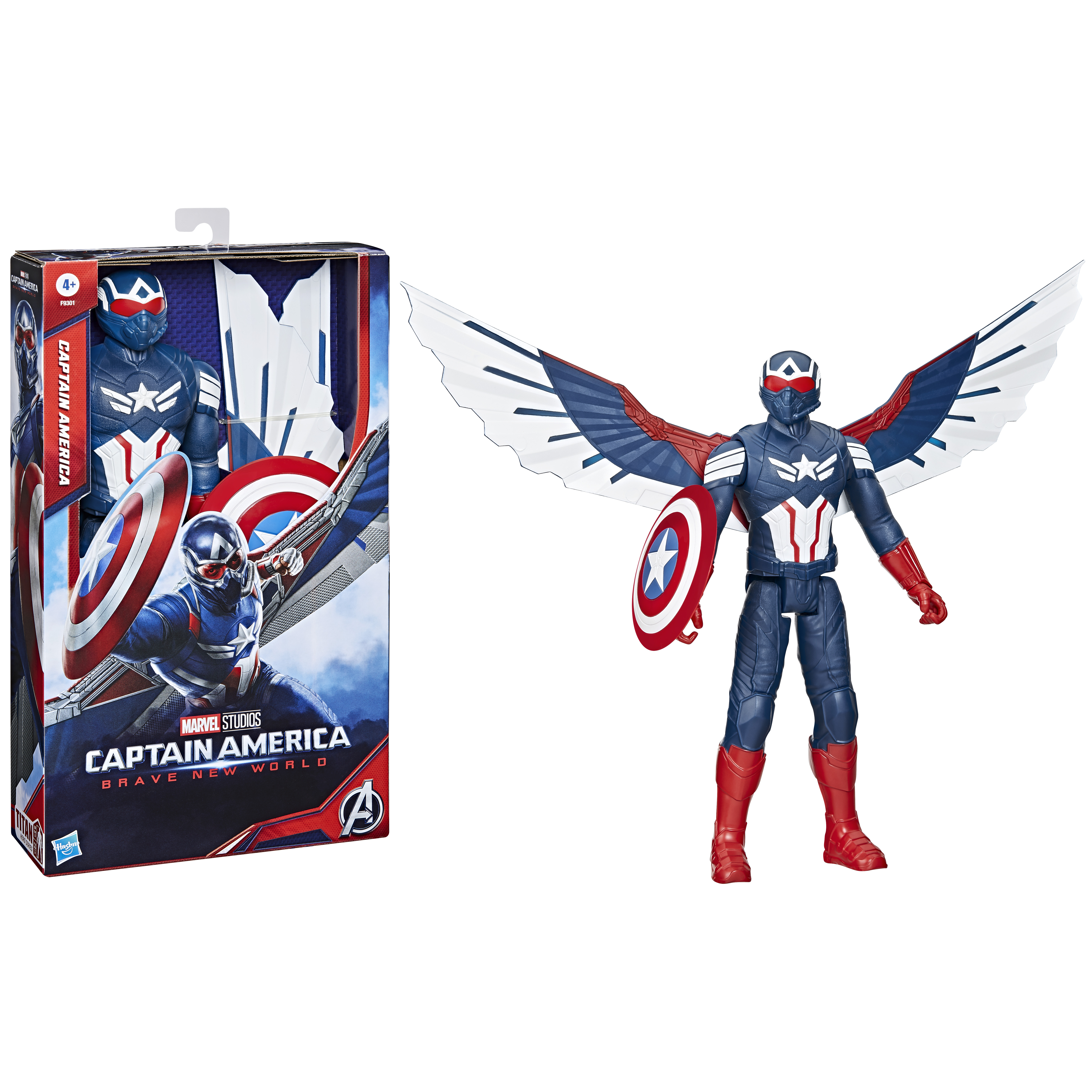 Una figura de acción del Capitán América con alas y escudo se muestra junto a su embalaje. La figura es azul, roja y blanca.
