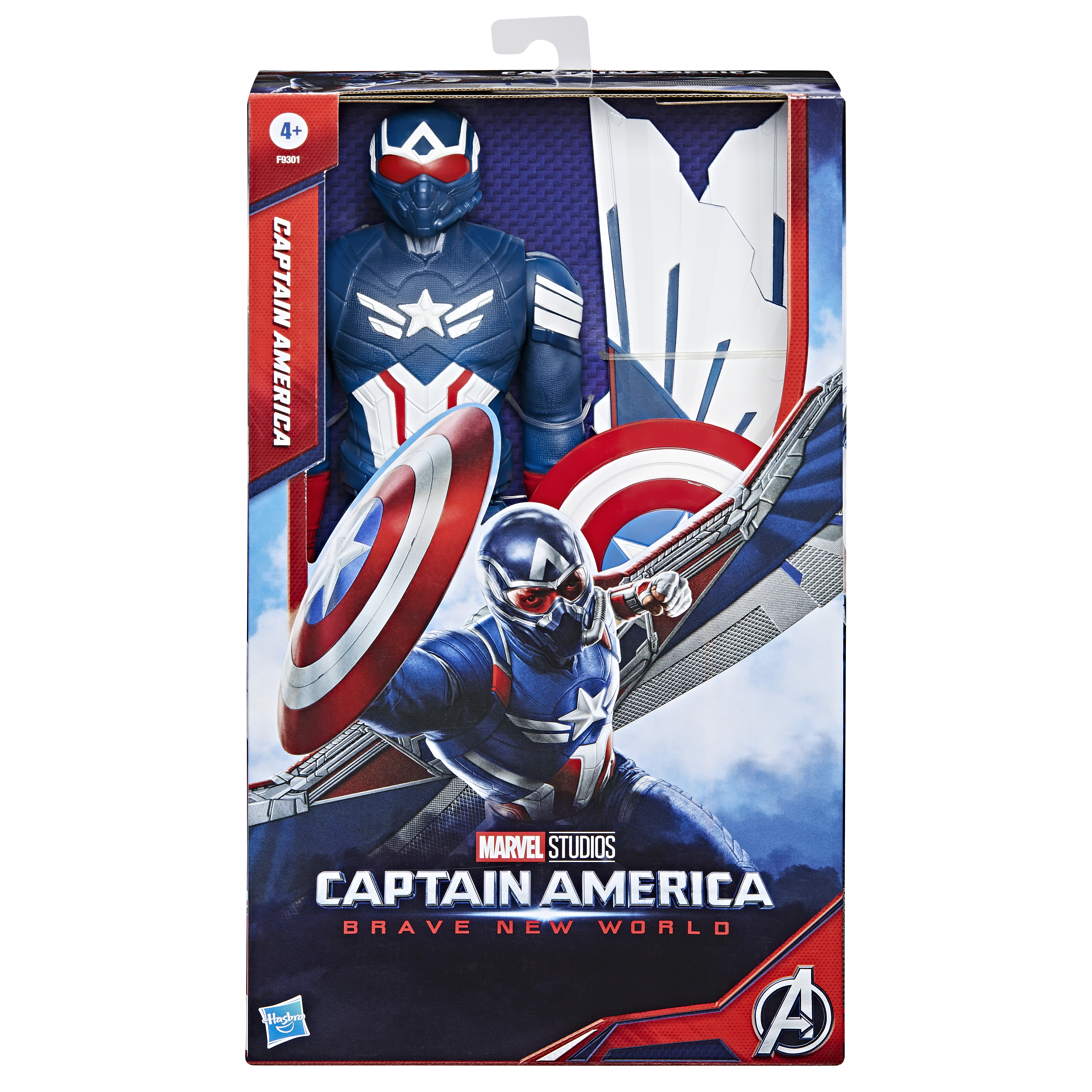 La caja muestra un juguete del Capitán América. Presenta el casco, el escudo y el logotipo del Capitán América. El fondo tiene un cielo y el logo de los Vengadores.