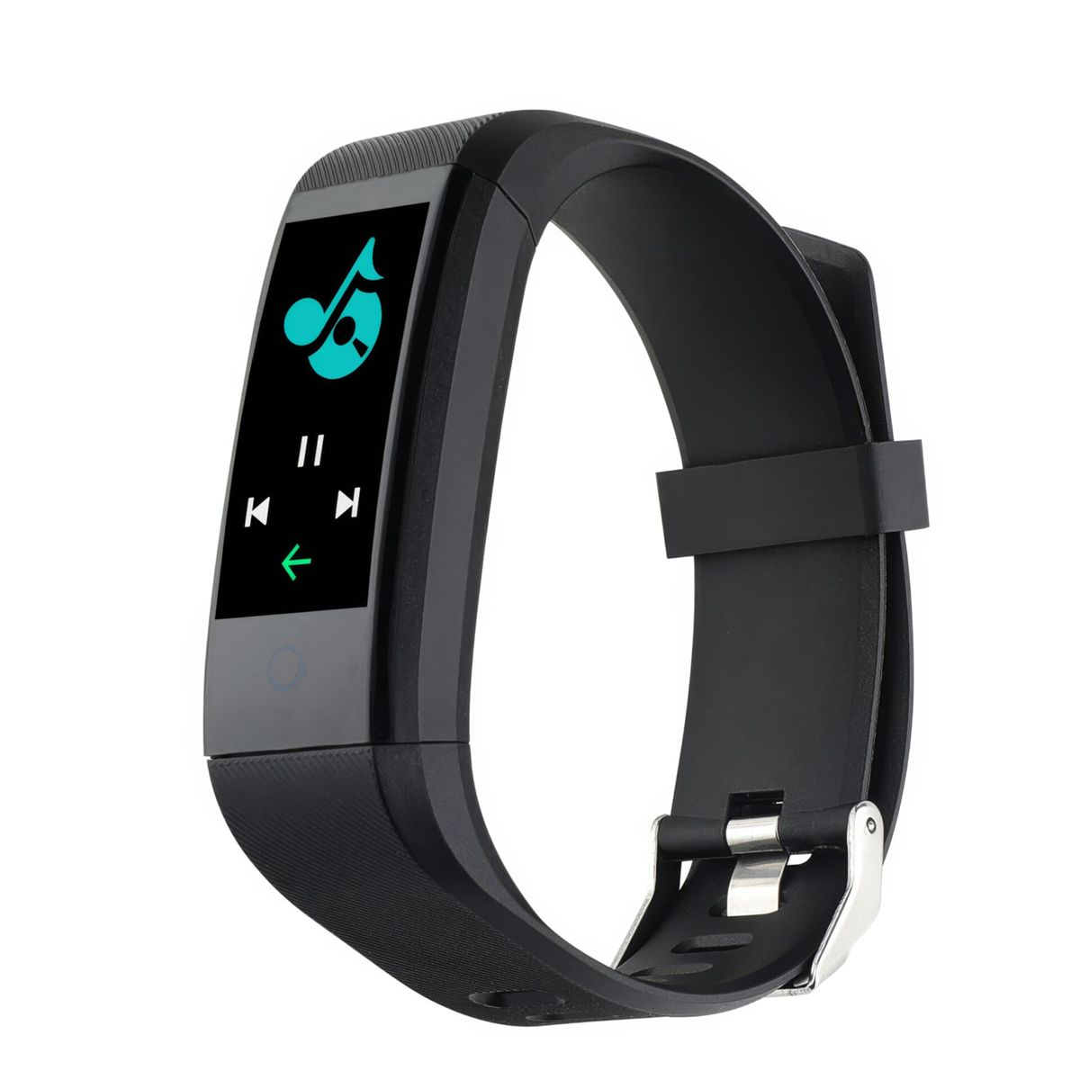 Uno smartwatch nero mostra un simbolo musicale e pulsanti di controllo. Il cinturino è nero con chiusura argentata, isolato su bianco.
