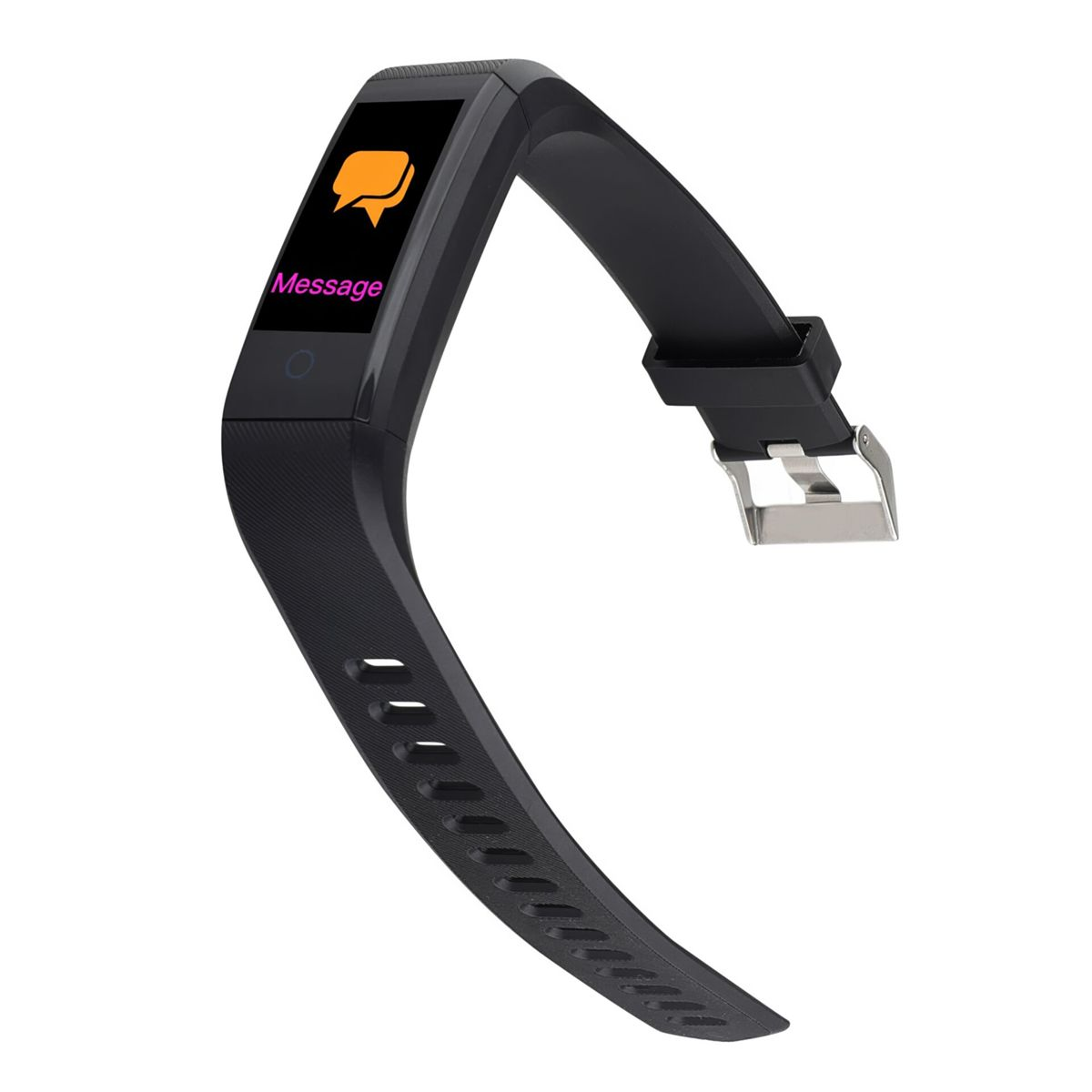 Un fitness tracker nero con una notifica di messaggio sullo schermo. Il cinturino è nero con una fibbia argentata.