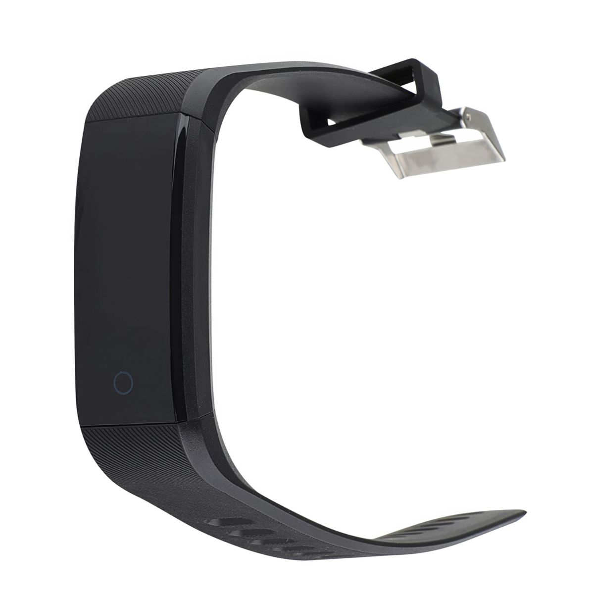 Un fitness tracker nero con un cinturino curvo e una fibbia. Il cinturino ha una superficie strutturata. La fibbia è metallica.