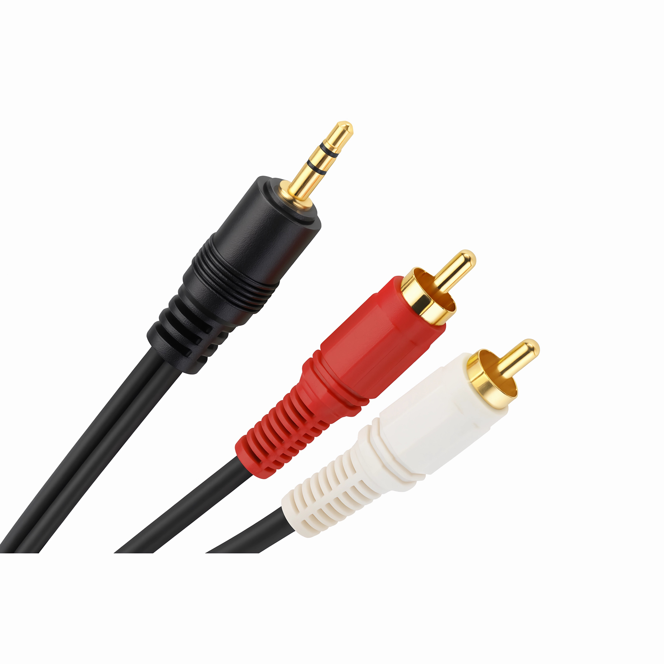 Drei Audiokabel: schwarz 3,5 mm, rote und weiße Cinch-Anschlüsse, alle mit Goldspitzen, auf weißem Hintergrund.