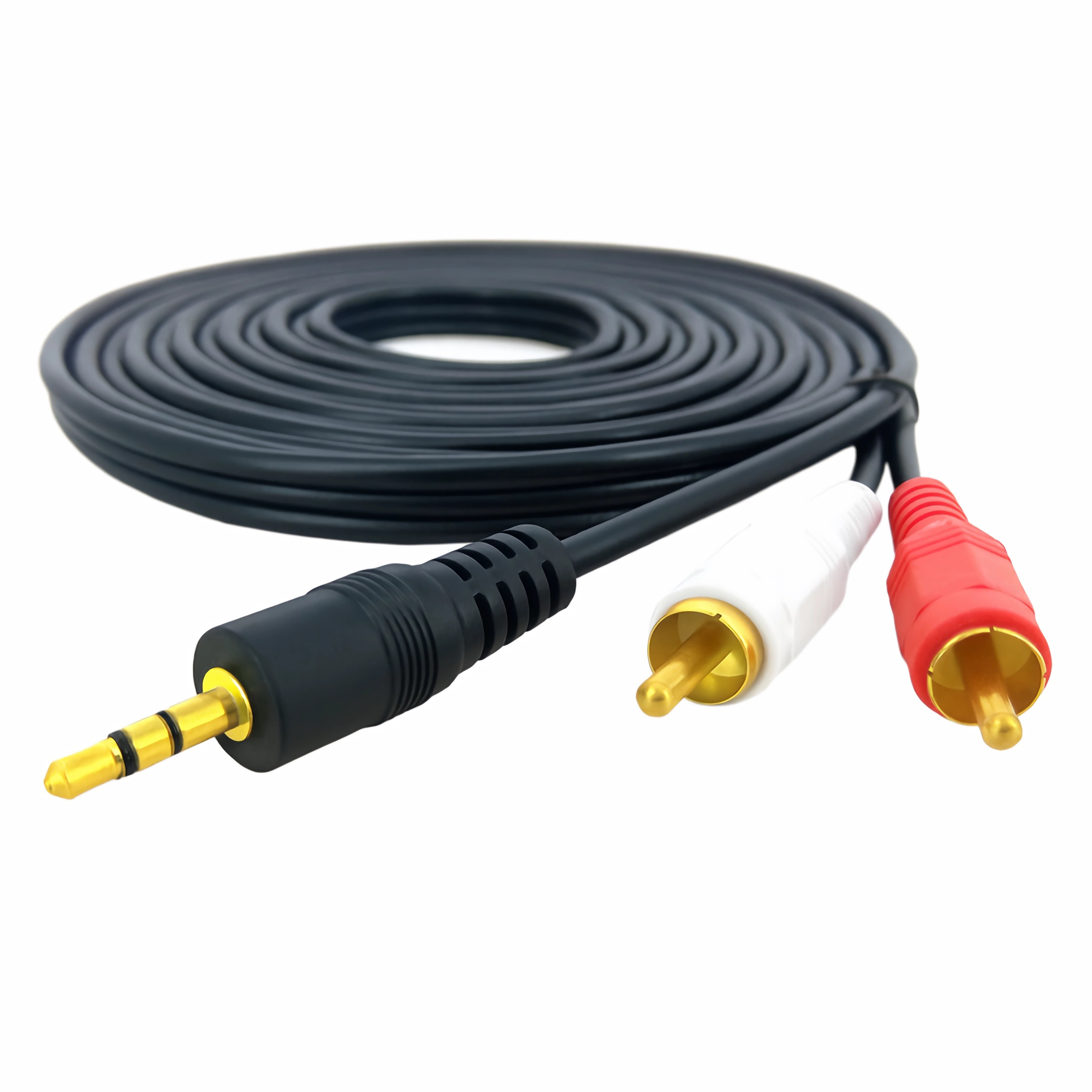 Ein schwarzes Audiokabel mit 3,5-mm-Klinke und zwei Cinch-Anschlüssen (rot und weiß) auf weißem Hintergrund.