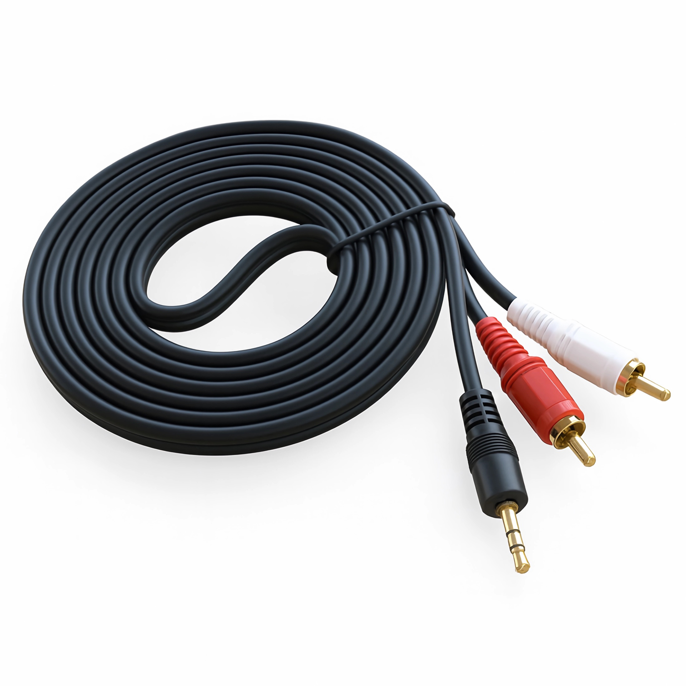 Schwarzes Audiokabel aufgerollt, mit roten, weißen und schwarzen Steckern auf weißem Hintergrund.