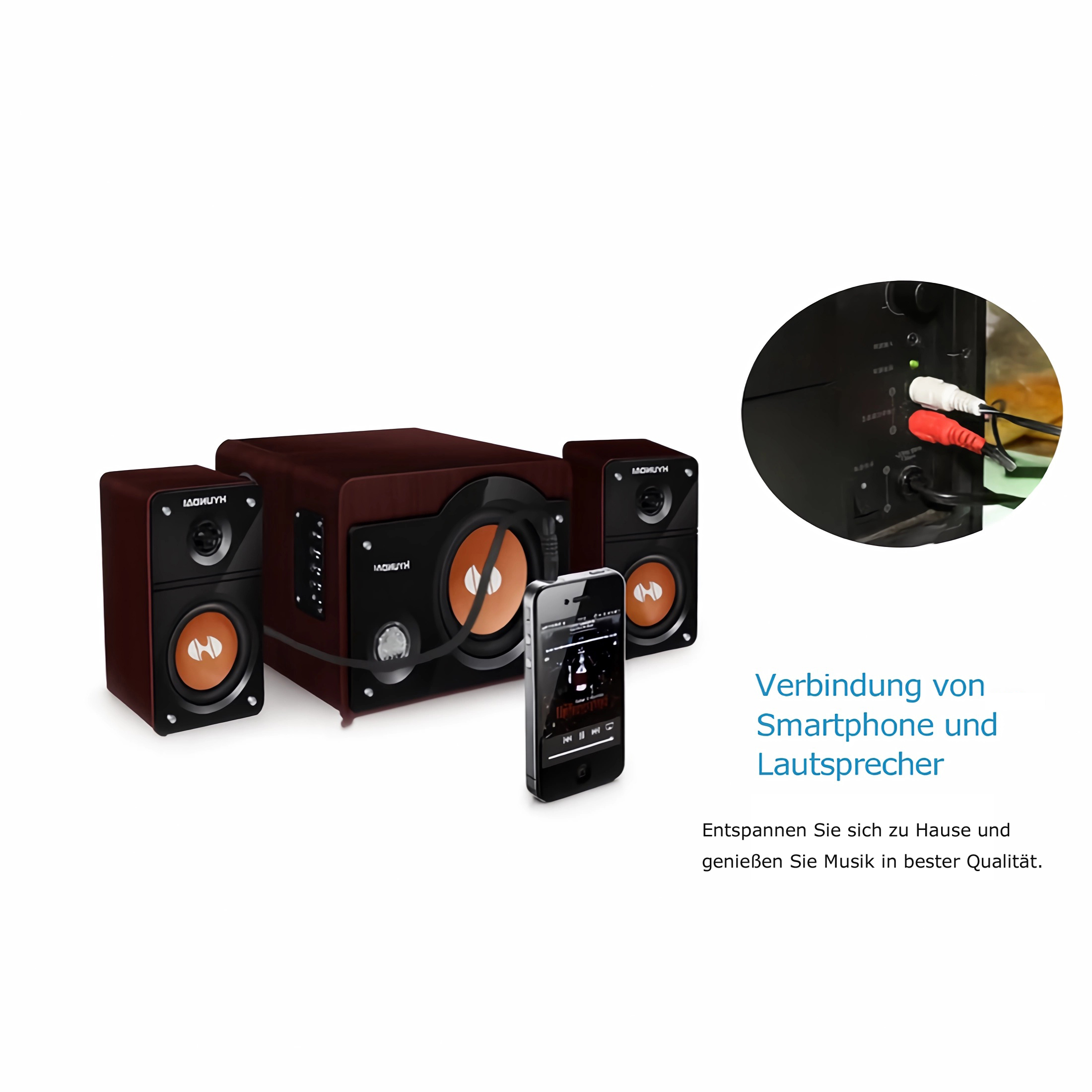 Ein Lautsprechersystem mit einem Smartphone. Die Lautsprecher sind braun und schwarz. Das Telefon zeigt Musik an.