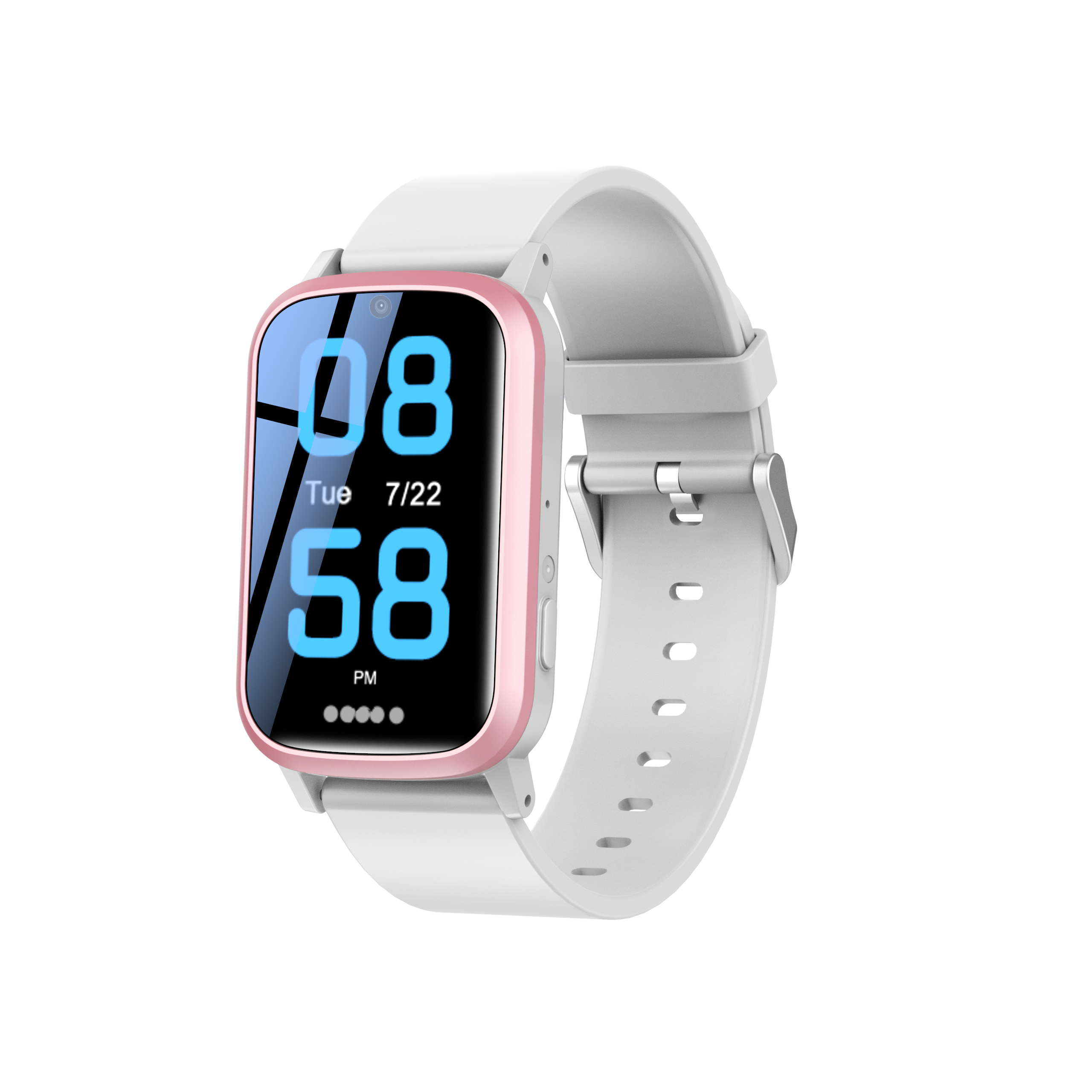 Eine Smartwatch mit weißem Armband und einem rosafarbenen Bildschirm, der die Zeit anzeigt: 08:58 PM, Dienstag 22.7.