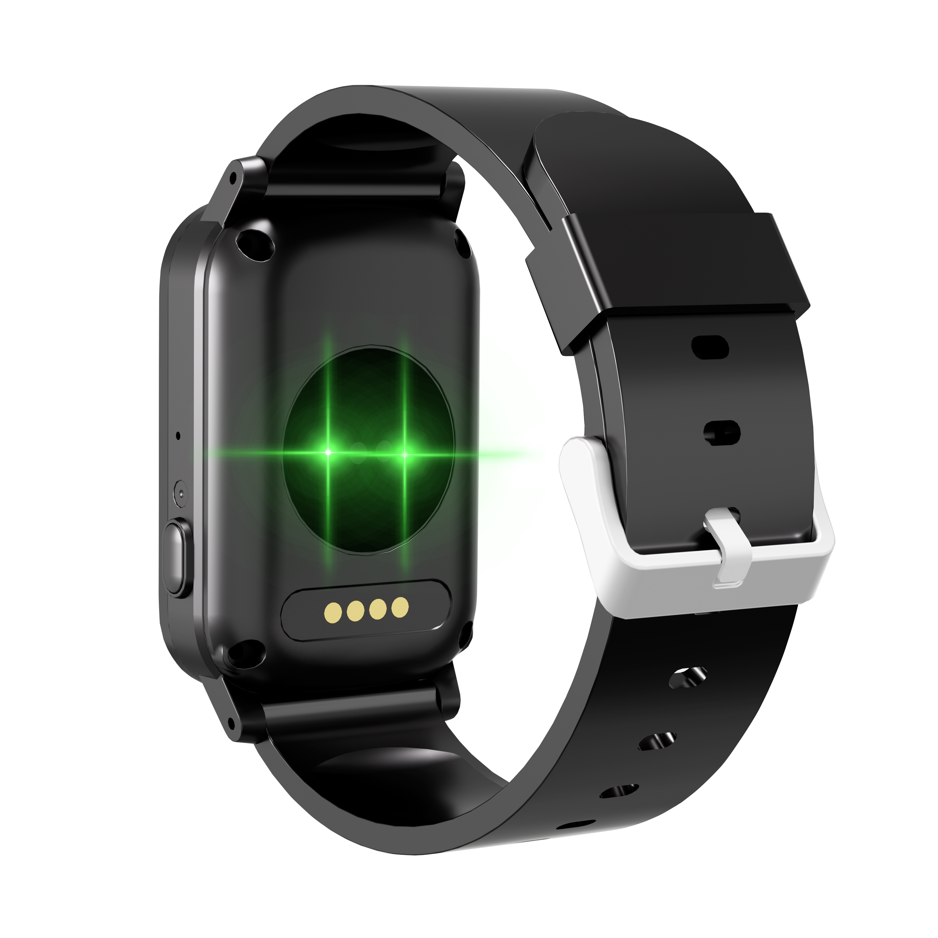 Eine schwarze Smartwatch mit schwarzem Armband. Grünes Licht geht von der Rückseite aus. Die Schnalle ist weiß.