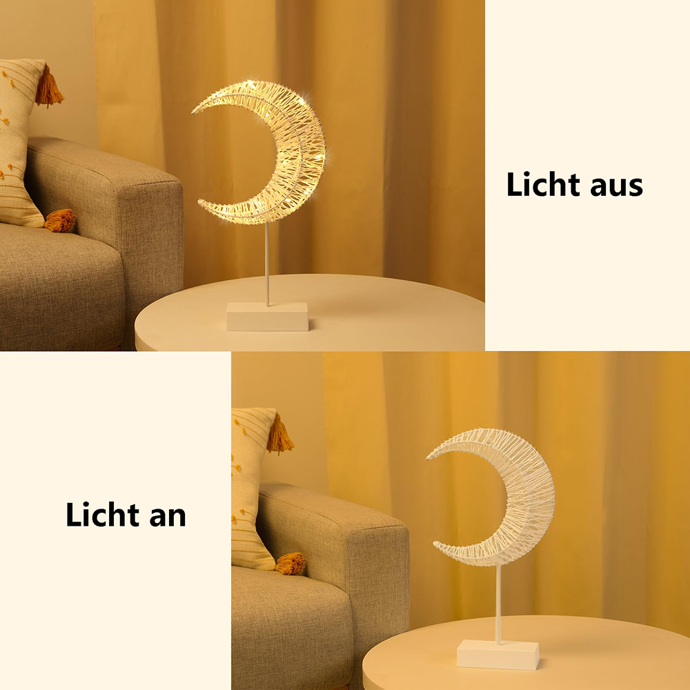Eine mondförmige Lampe auf einem Tisch. Die Lampe ist im oberen Bild an, im unteren aus. Im Hintergrund sind ein Sofa und ein Kissen.
