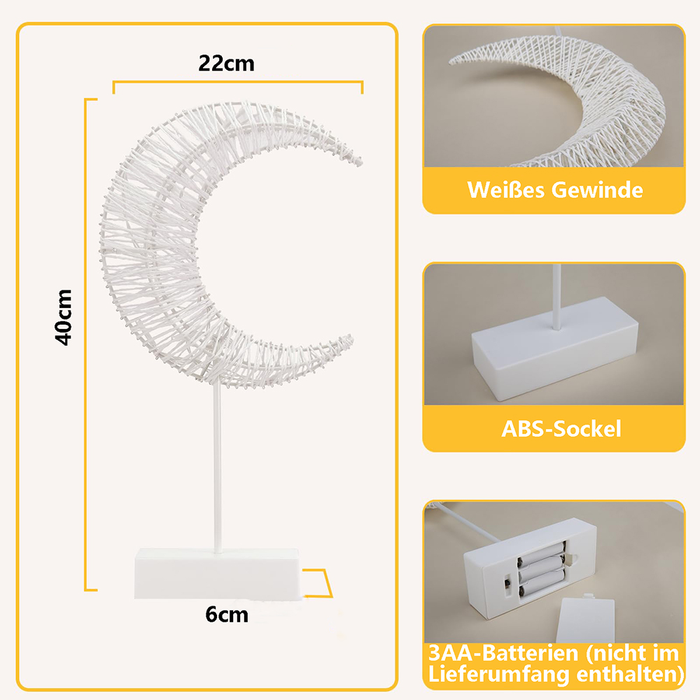 Eine weiße mondförmige Lampe. Die Lampe ist 40 cm hoch und 22 cm breit. Sie hat eine rechteckige Basis und verwendet 3 AA-Batterien.