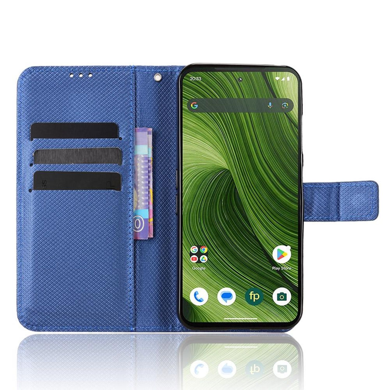 Eine blaue Handyhülle mit einem Smartphone, das ein grünes, abstraktes Hintergrundbild zeigt. Karten und Geld sind im Inneren sichtbar.