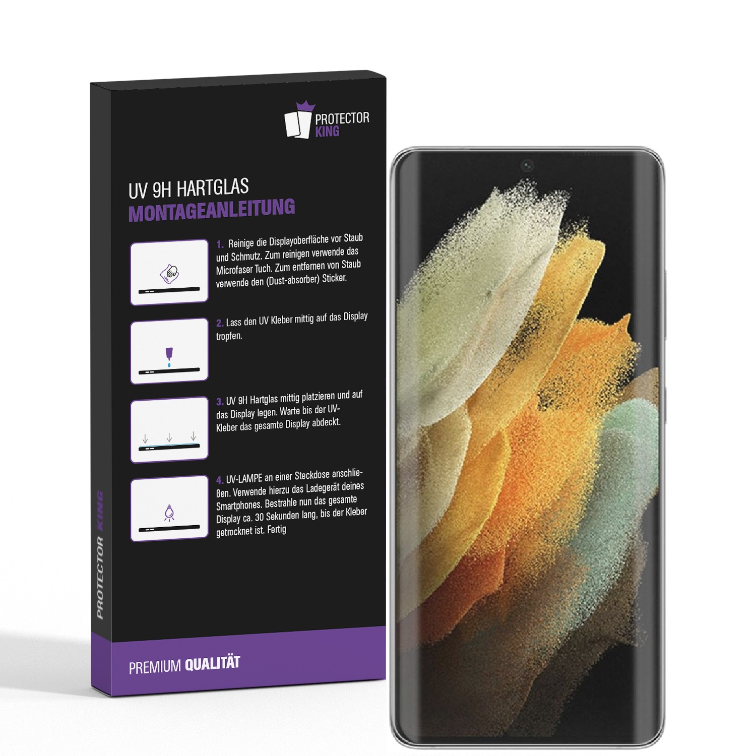 Ein Telefonbildschirm mit einem bunten abstrakten Design befindet sich neben einer schwarzen Box mit Anweisungen zum Aufbringen einer Displayschutzfolie.