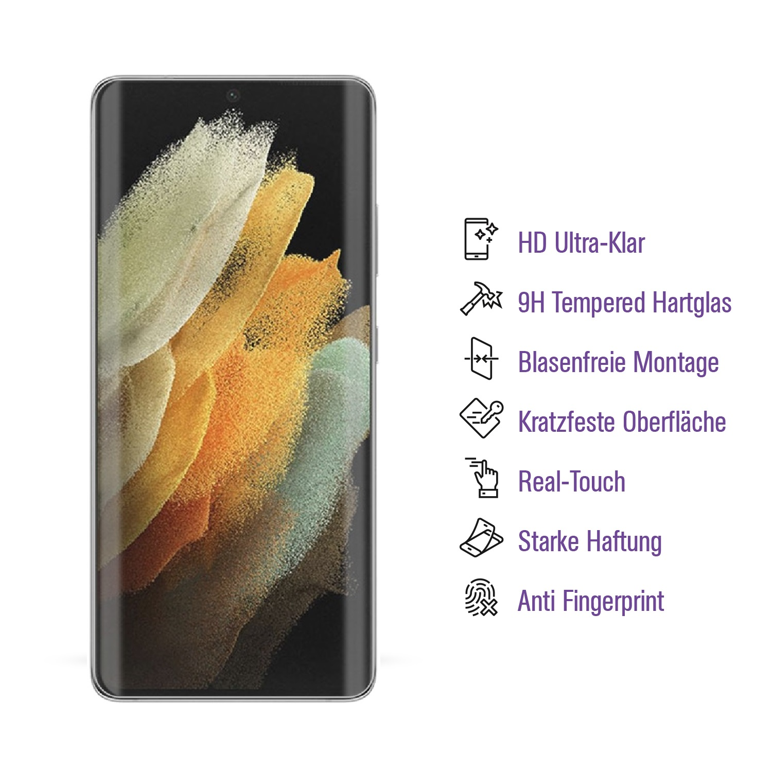 Ein Smartphone zeigt ein abstraktes, farbenfrohes Design. Text rechts hebt Funktionen wie HD-Klarheit, Kratzfestigkeit und Fingerabdruckschutz hervor.