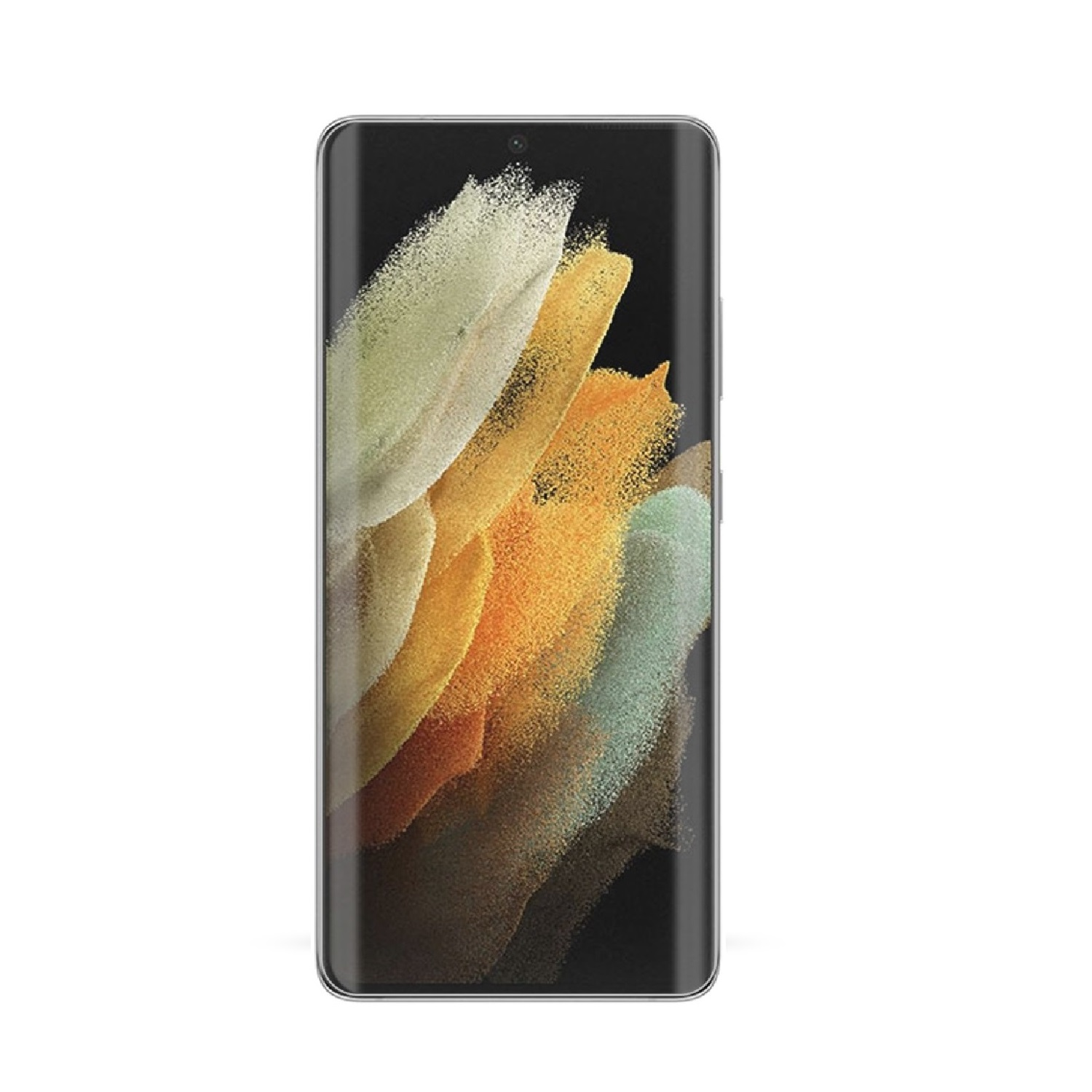 Ein Smartphone mit gebogenem Bildschirm. Der Bildschirm zeigt farbenfrohe abstrakte Kunst. Das Telefon hat einen silbernen Rahmen und einen schwarzen Hintergrund.