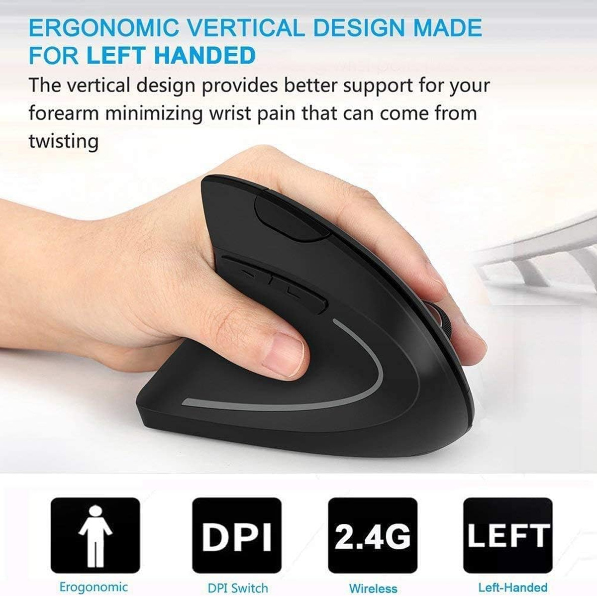 Eine schwarze, ergonomische vertikale Maus wird in einer Hand gehalten. Die Maus ist als linkshändig gekennzeichnet. Zu den Funktionen gehören DPI, 2,4G Wireless.