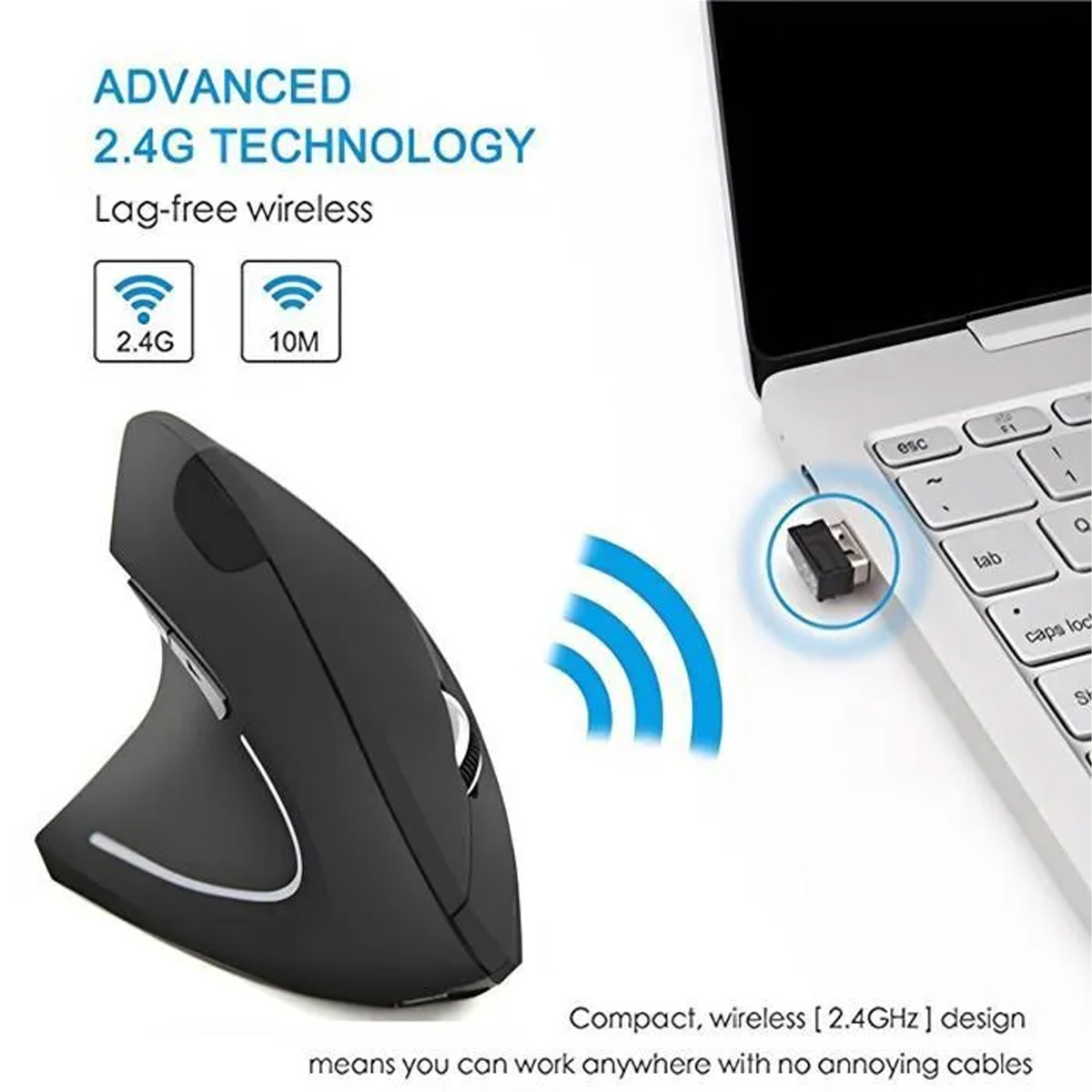 Eine schwarze, ergonomische, kabellose Maus wird gezeigt, mit einem USB-Empfänger, der an einen Laptop angeschlossen ist. Textdetails 2,4G Wireless-Technologie.