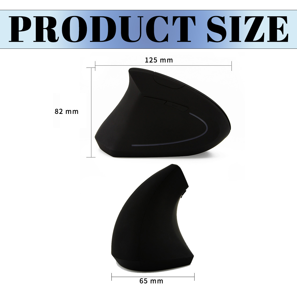 Schwarze ergonomische Maus mit Größenangaben: 125mm, 82mm und 65mm. Der Text 'PRODUCT SIZE' steht oben.