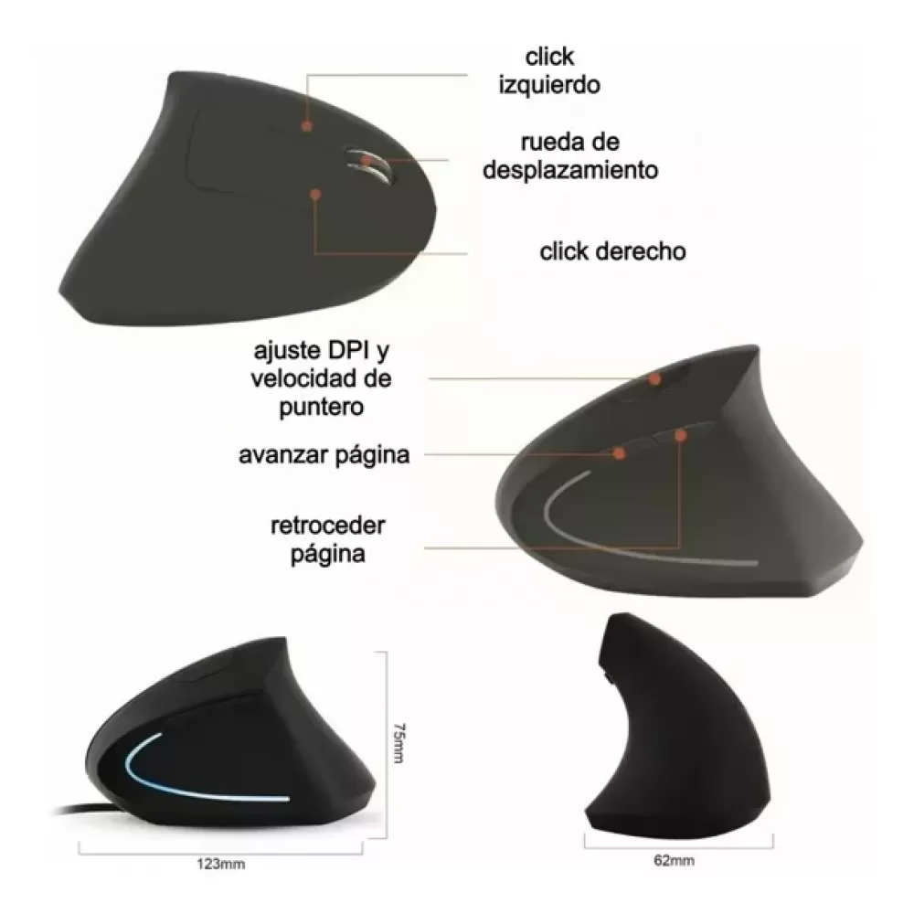 Diagramm einer ergonomischen Maus mit Etiketten, die ihre Funktionen, Abmessungen und Funktionen wie DPI-Anpassung und Seitennavigation angeben.