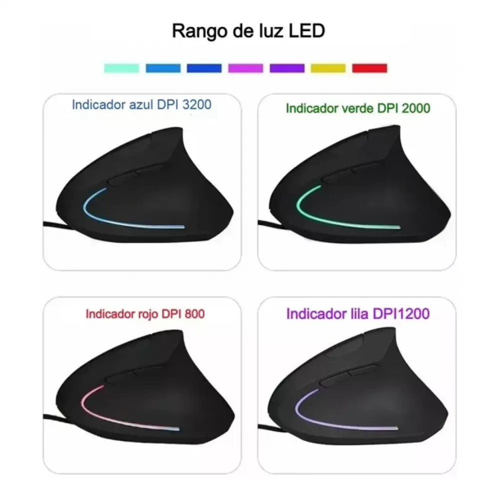 Das Bild zeigt vier ergonomische Computermäuse mit leuchtenden LED-Akzenten. Jede Maus hat eine andere DPI-Einstellung und LED-Farbe.