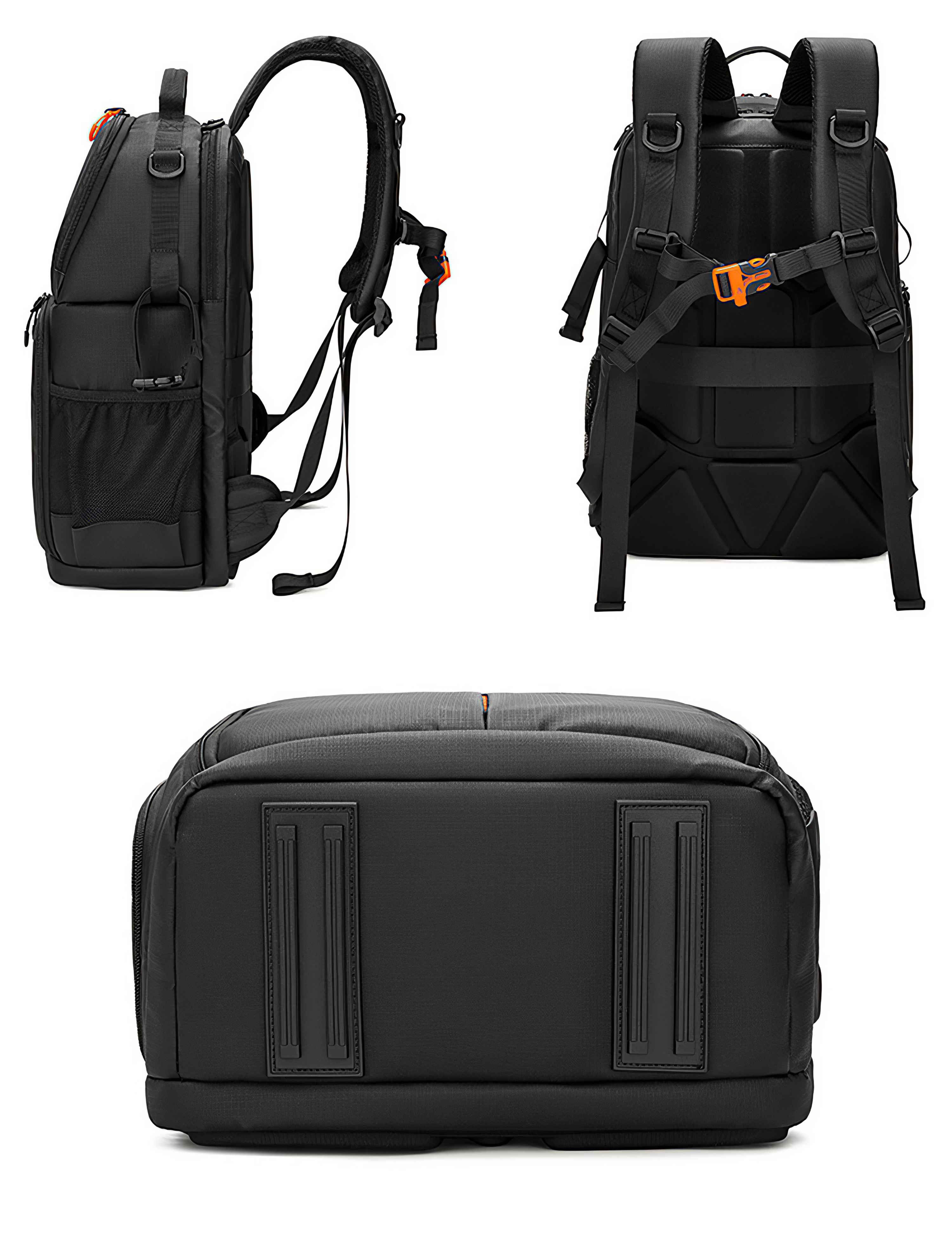 Schwarzer Kamera-Rucksack mit mehreren Ansichten. Merkmale Schultergurte, Seitentasche und orangefarbene Akzente auf weißem Hintergrund.
