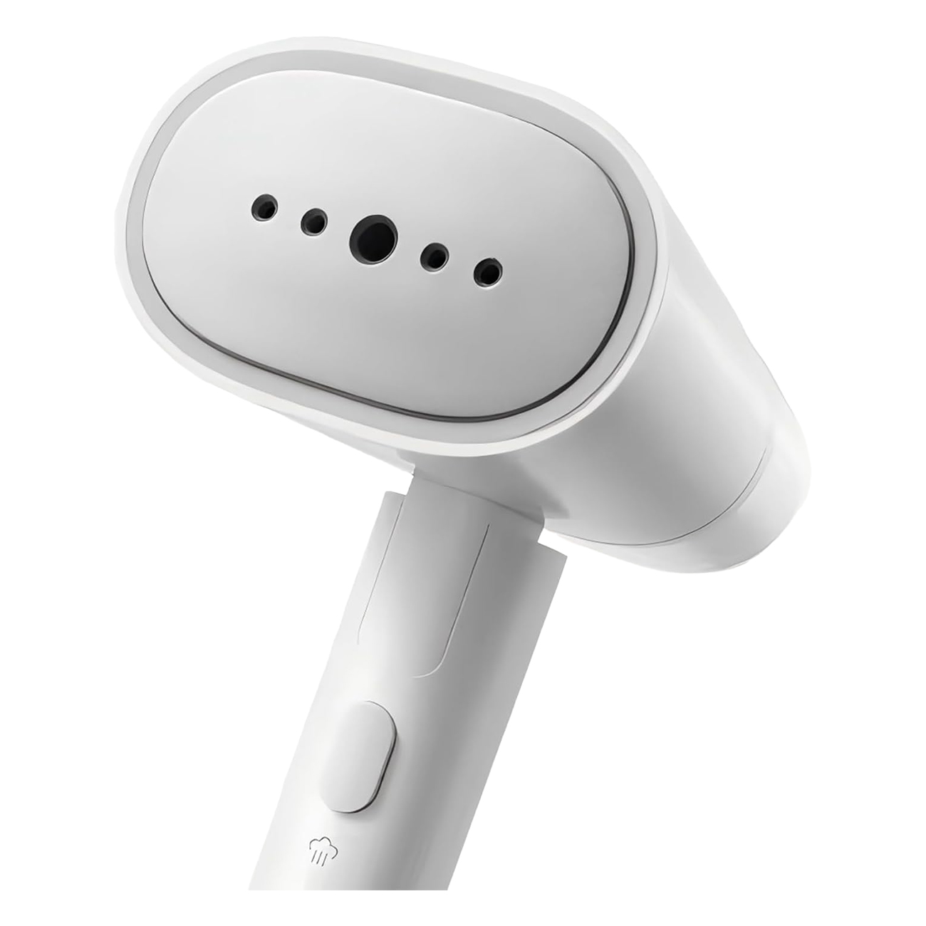 Białe, ręczne urządzenie do prasowania parą. Ma głowicę z otworami parowymi, uchwyt z przyciskiem i symbol pary.