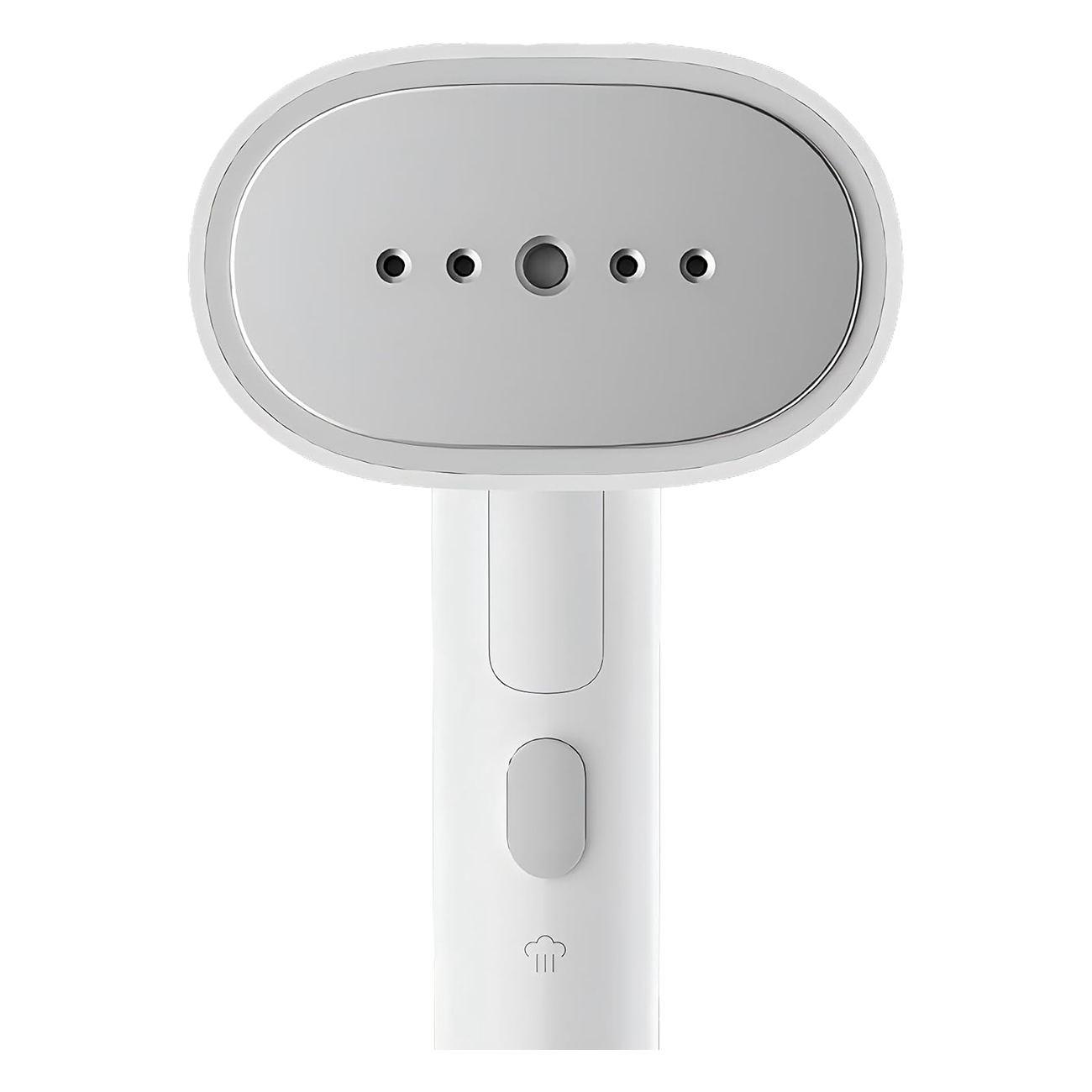 Białe, ręczne urządzenie do parowania ubrań, z szarą, owalną głowicą parową i cylindrycznym uchwytem z przyciskiem.