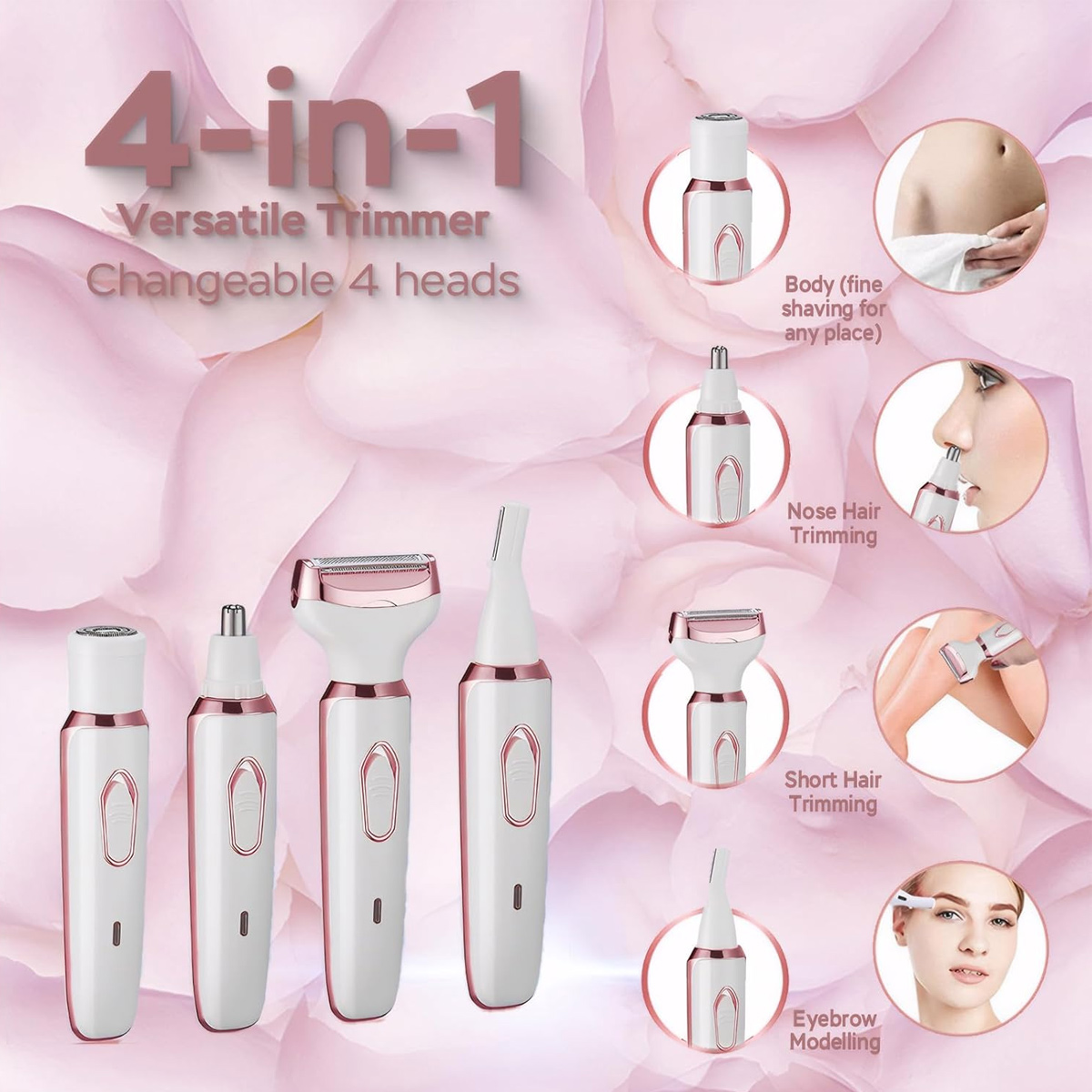Werbung für einen 4-in-1 vielseitigen Trimmer mit vier Köpfen. Es zeigt den Trimmer und Beispiele für seine Verwendung: Körper, Nasenhaare, kurze Haare und Augenbrauen.